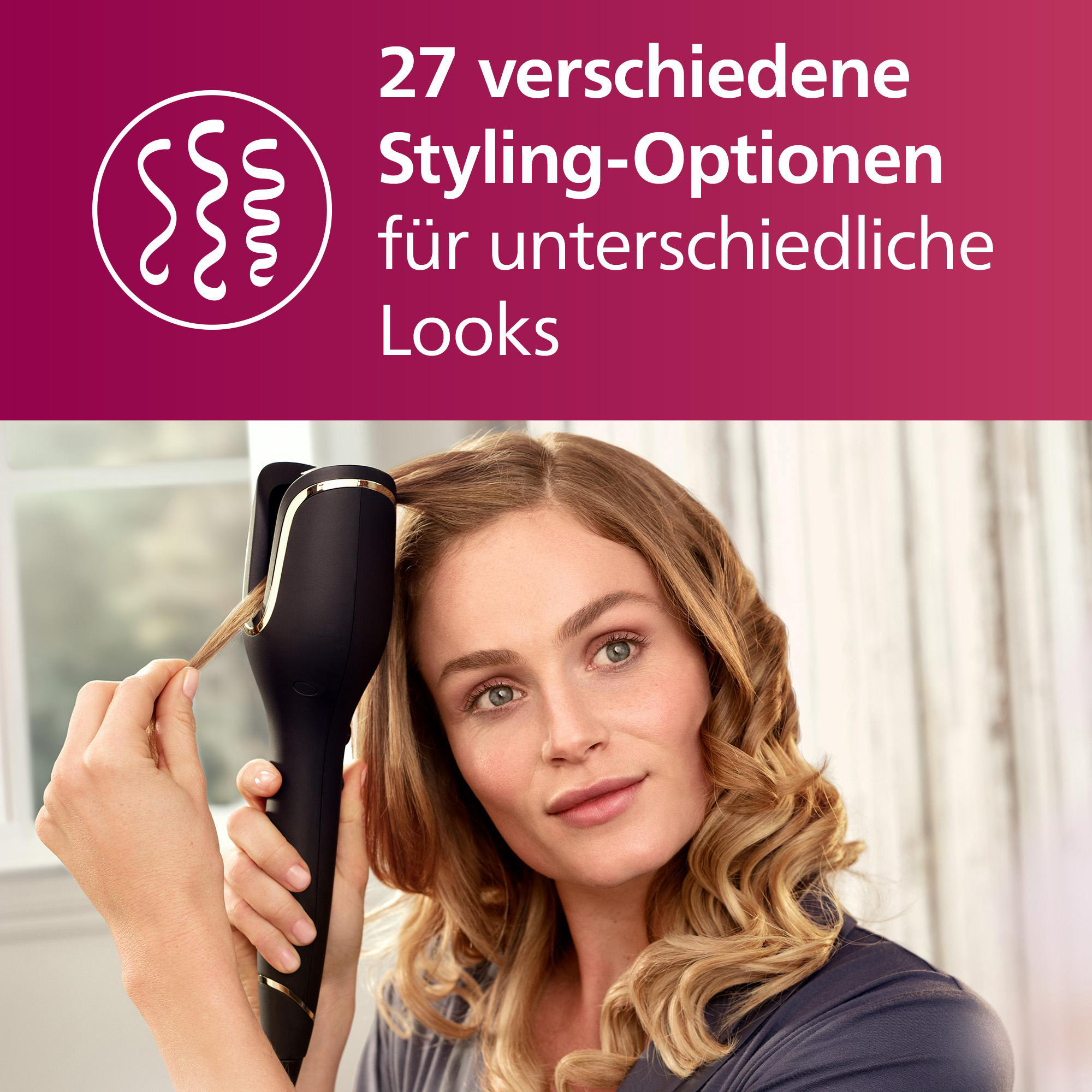 Frau lockt Haare mit einem schwarz-goldenen Styling-Tool, Text oben.
