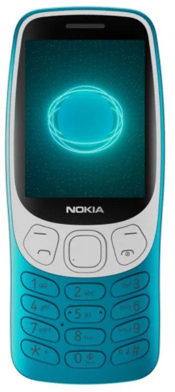 Turkusowy telefon Nokia z jasnoniebieskim okręgiem na ekranie.