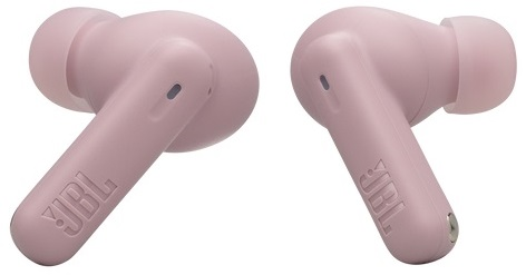 Dwie różowe słuchawki JBL. Białe tło.
