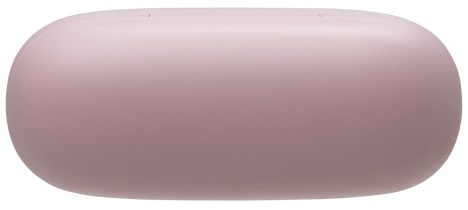 Jasnoróżowe, owalne etui. Wydaje się, że jest to etui ładujące do bezprzewodowych słuchawek.