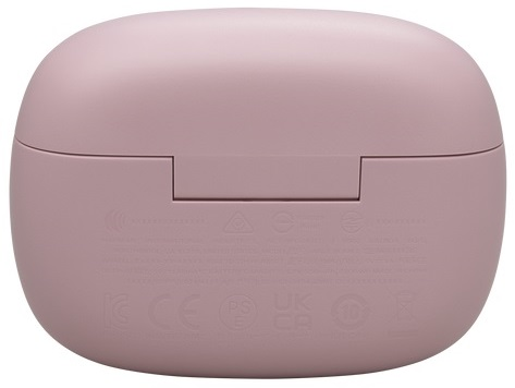 Różowe etui ładujące słuchawki z tekstem i ikonami. Białe tło.