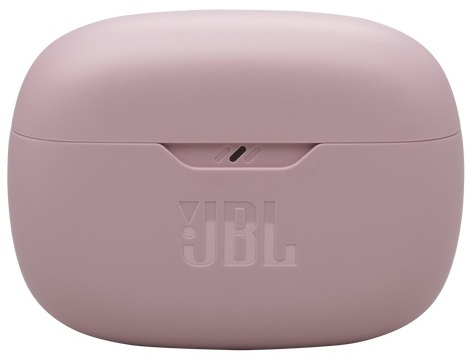 Różowe etui na słuchawki JBL, owalne, z logo JBL pośrodku. Białe tło.