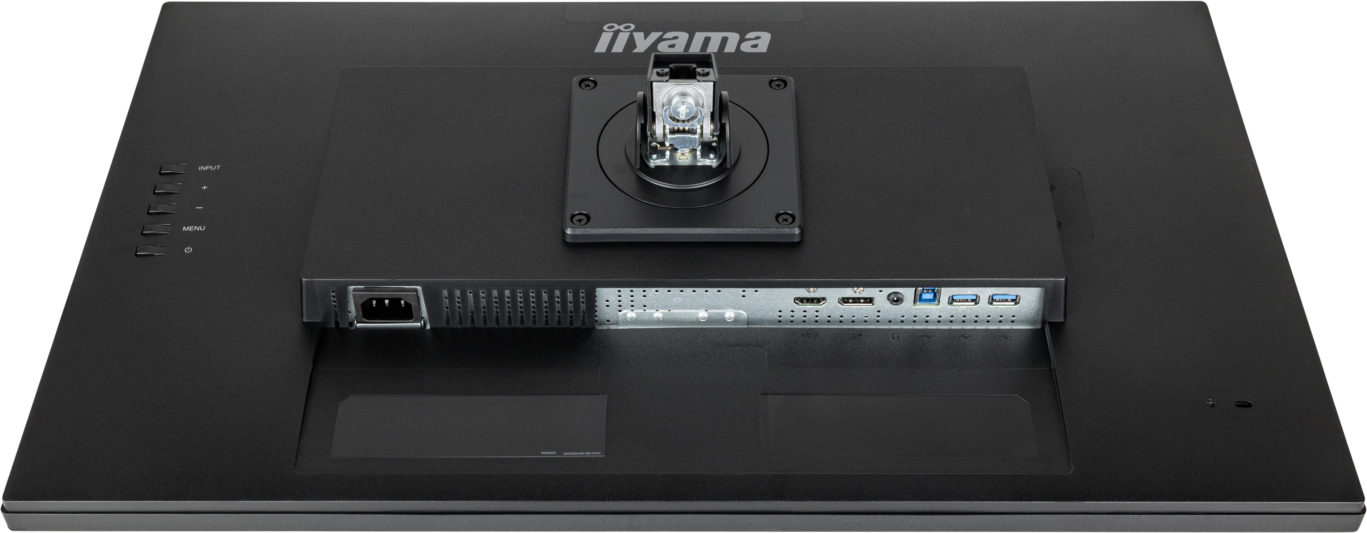 Rückansicht eines iiyama-Monitors mit Anschlüssen, Konnektoren und Ständerhalterung. Schwarze Farbe.