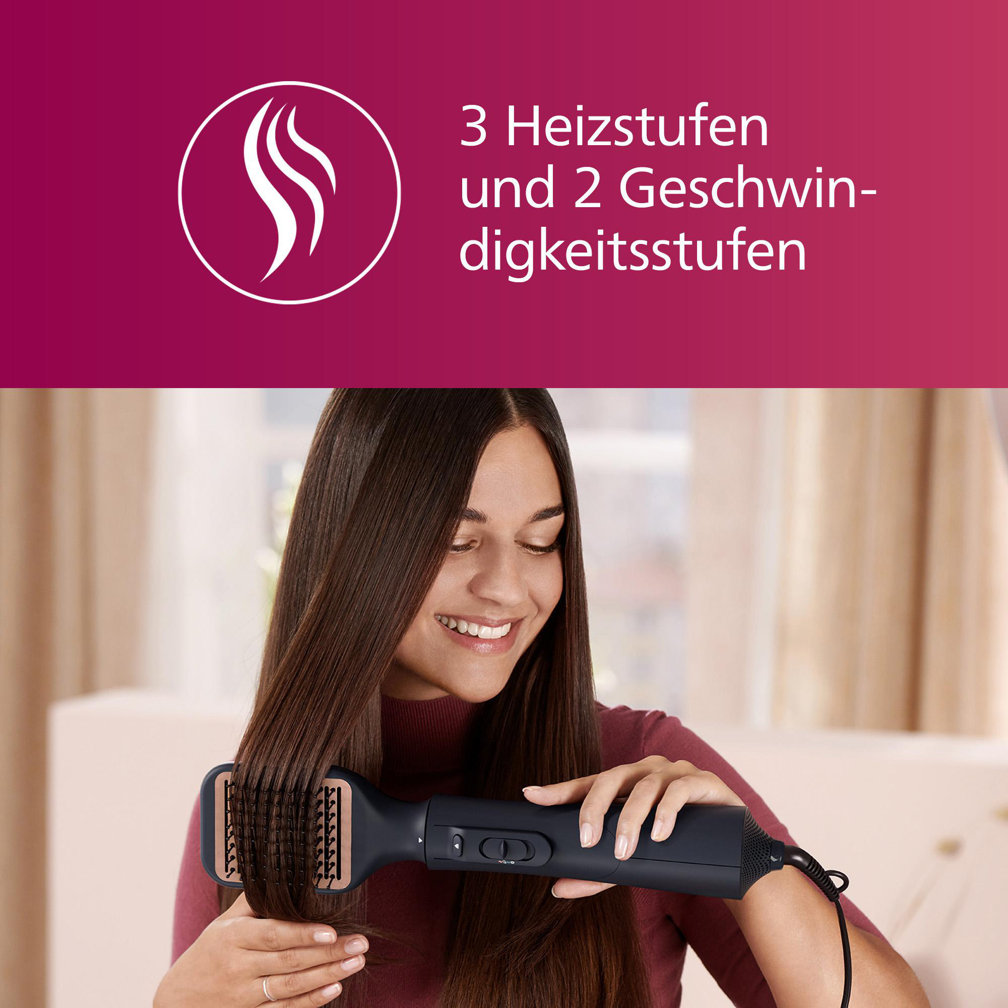 Frau benutzt einen schwarzen Haartrockner, lächelnd. Text zeigt 3 Hitze- und 2 Geschwindigkeitseinstellungen.