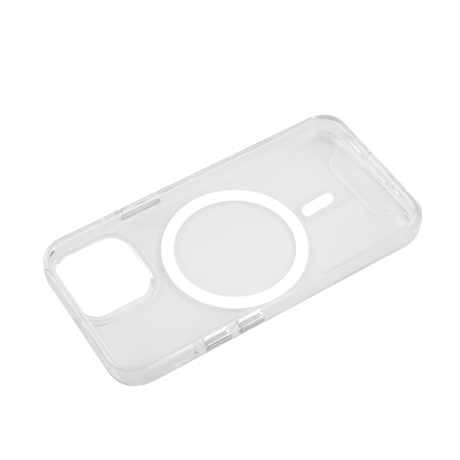 Transparante telefoonhoes met een witte cirkel en een rechthoekige vorm. Witte achtergrond, schuine weergave.
