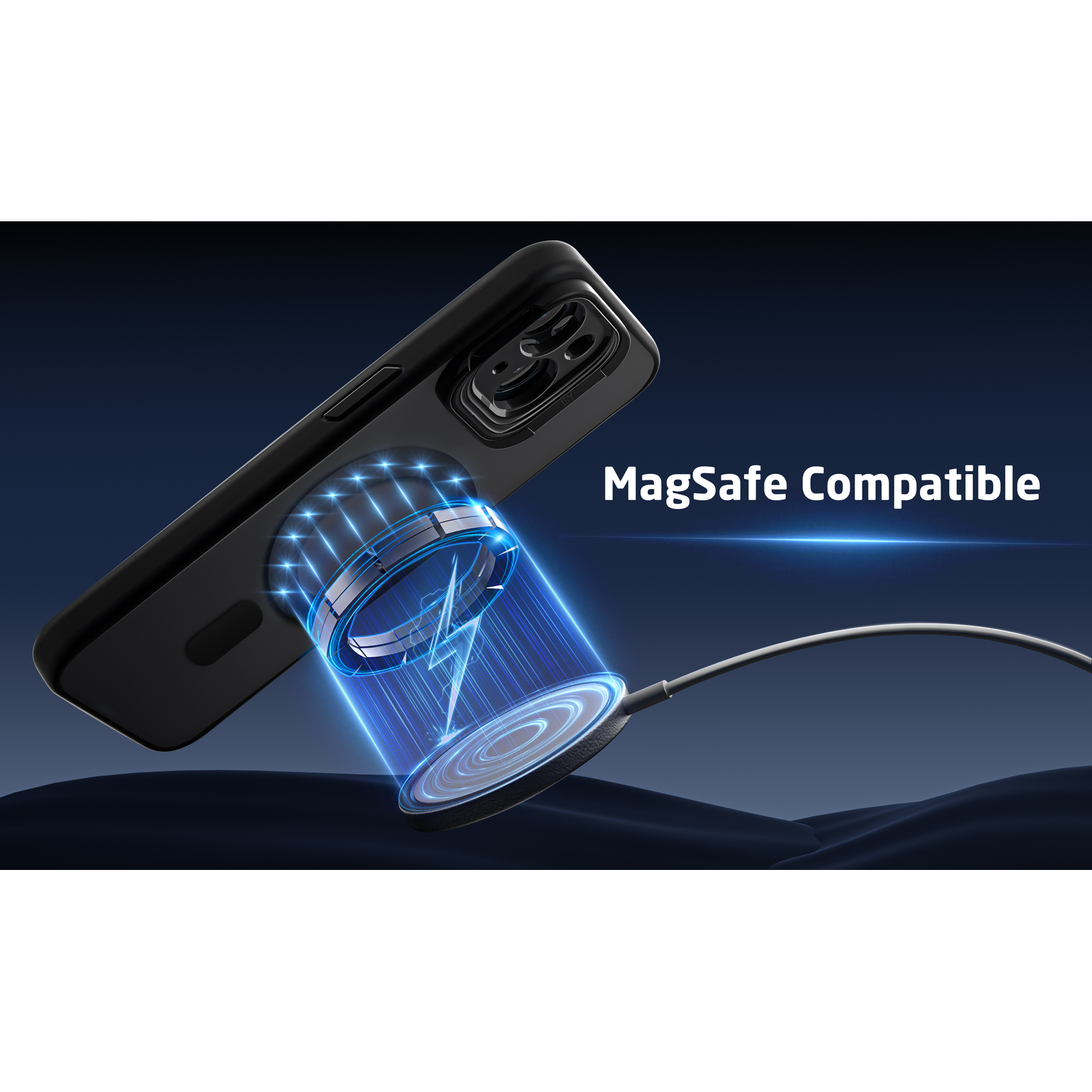 Zwarte telefoonhoes met telefoon, draadloze oplader op donkere achtergrond. MagSafe Compatible tekst.