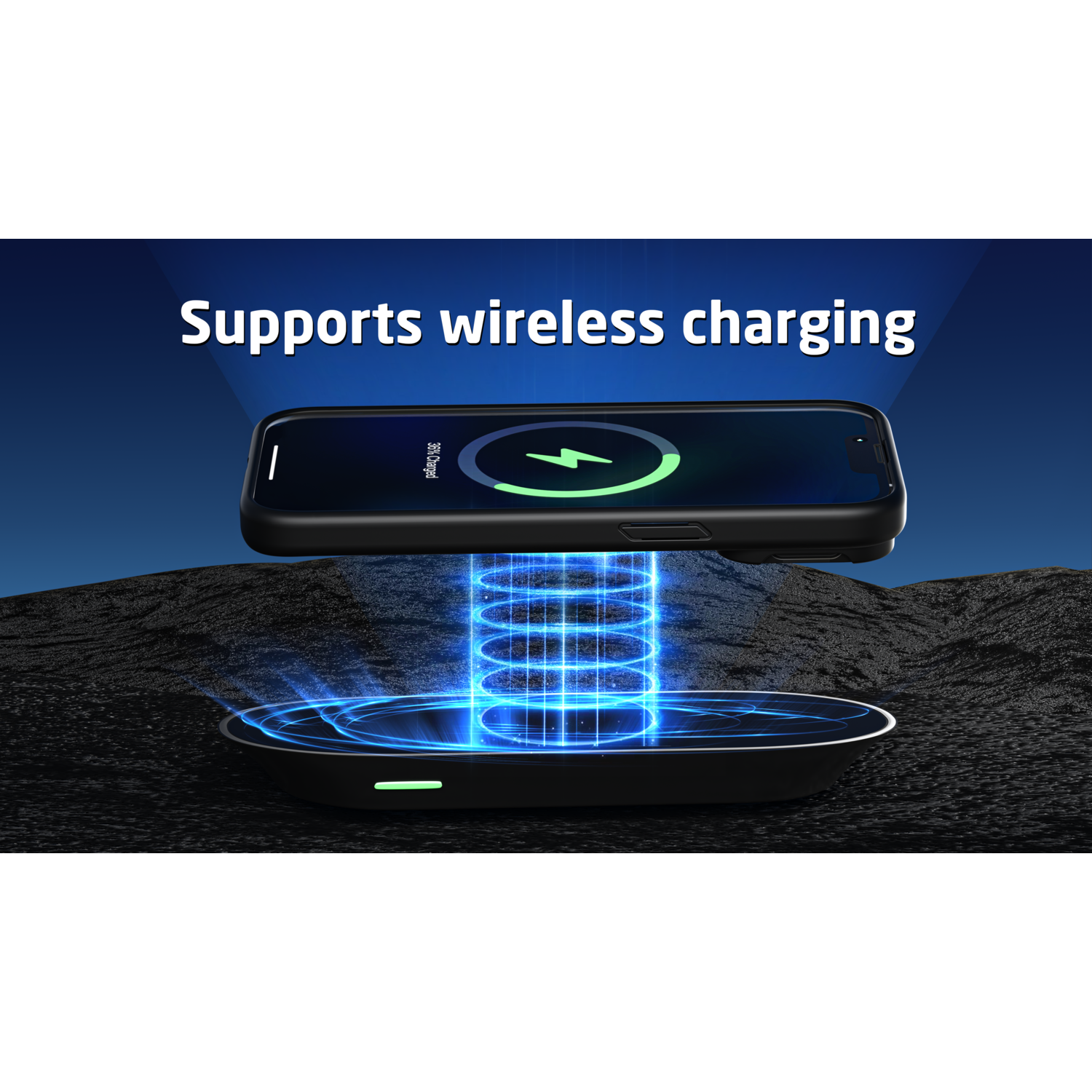Telefoon op een draadloze oplader. De oplader straalt blauw licht uit. Tekst: Ondersteunt draadloos opladen.