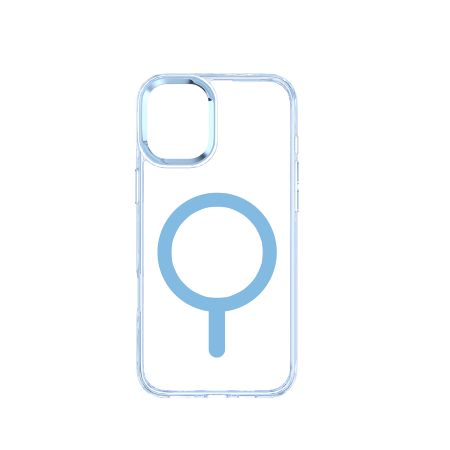 Een doorzichtige telefoonhoes met een blauwe, cirkelvormige bevestiging, witte achtergrond.