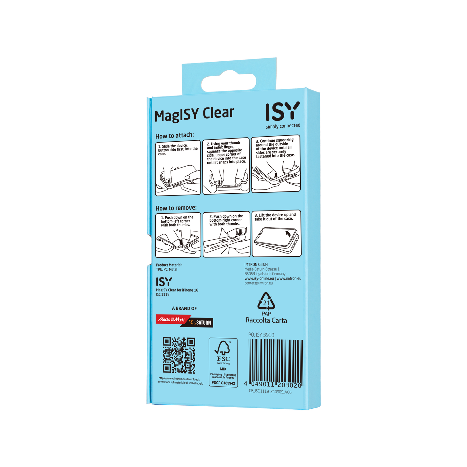 Achterkant van de telefooncase doos. Instructies voor het bevestigen en verwijderen van de case. ISY en MediaMarkt logo's.