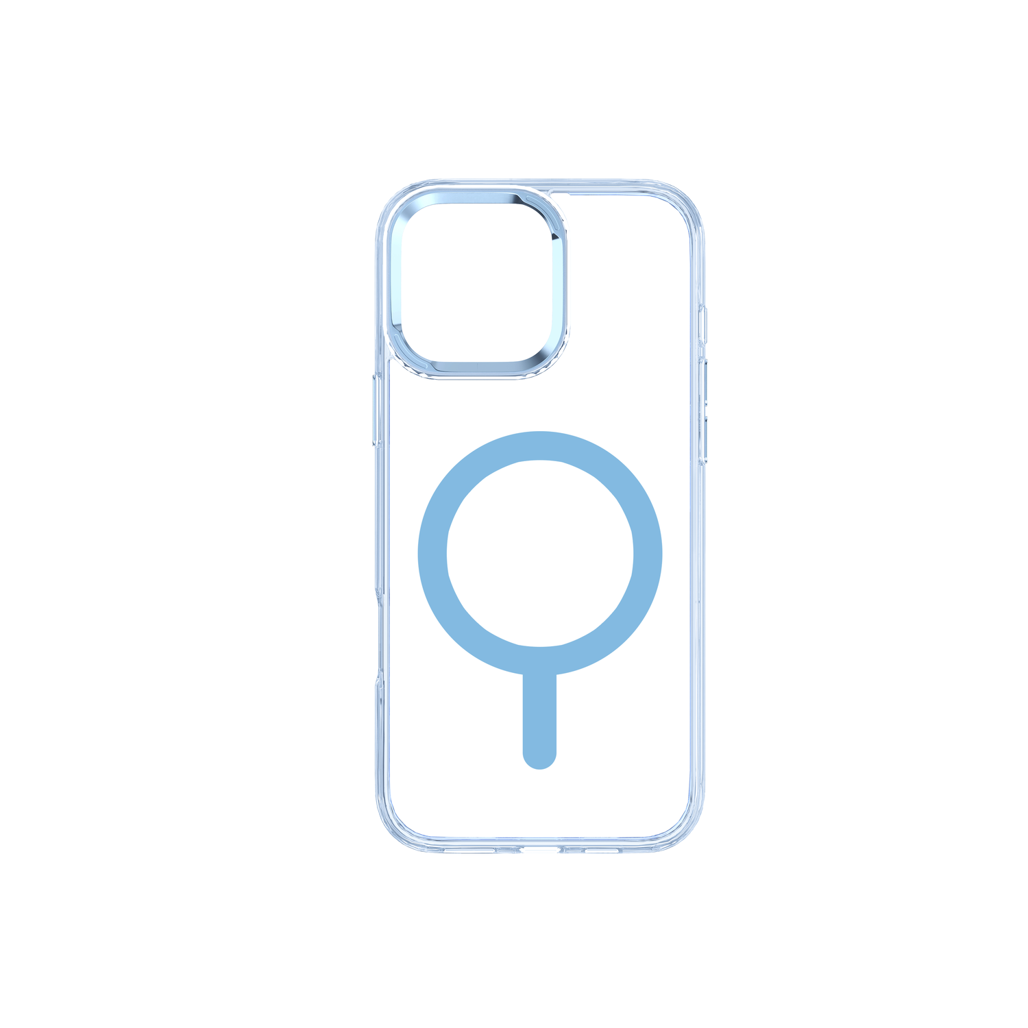 Transparante smartphonehoes met een blauw cirkelvormig ontwerp op een witte achtergrond.