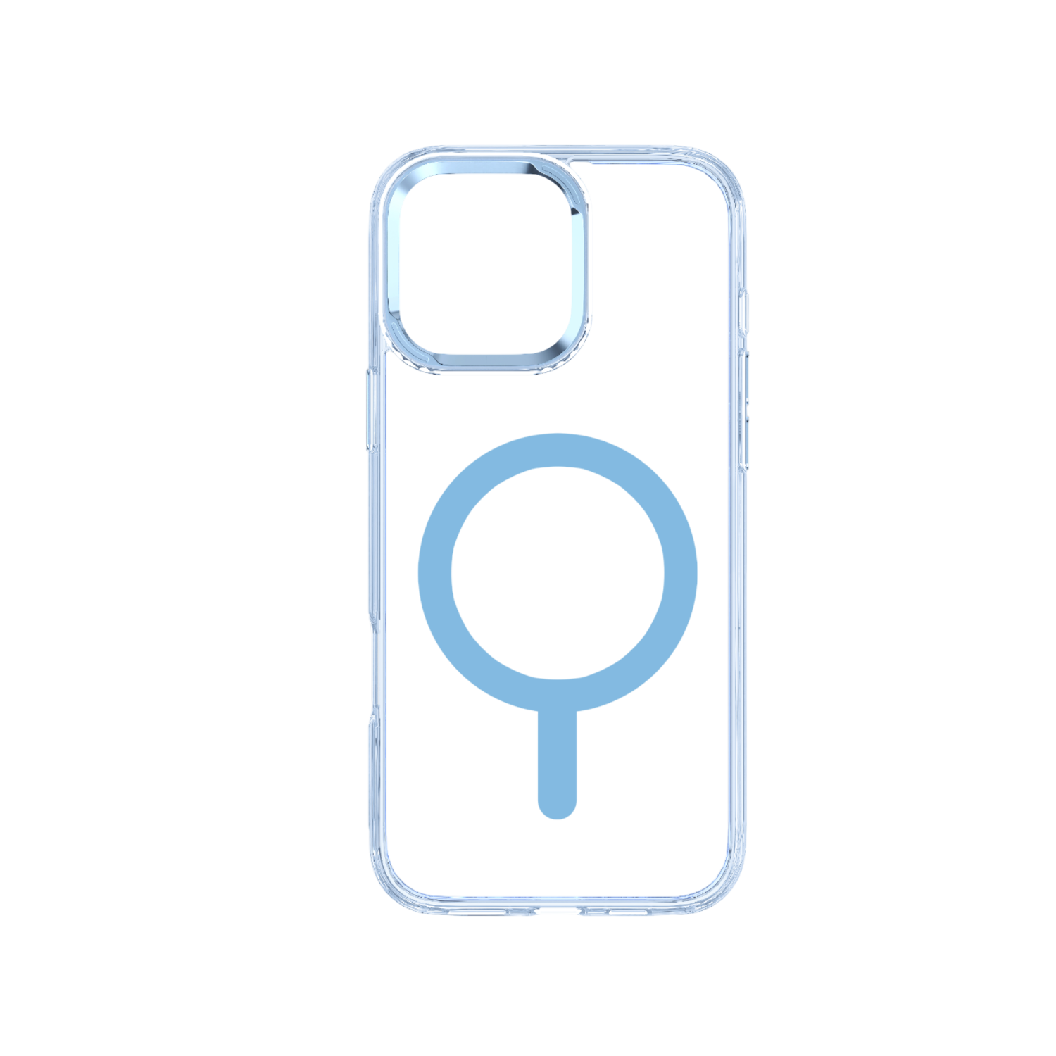 Transparante iPhone-hoes met blauwe MagSafe cirkelomtrek.