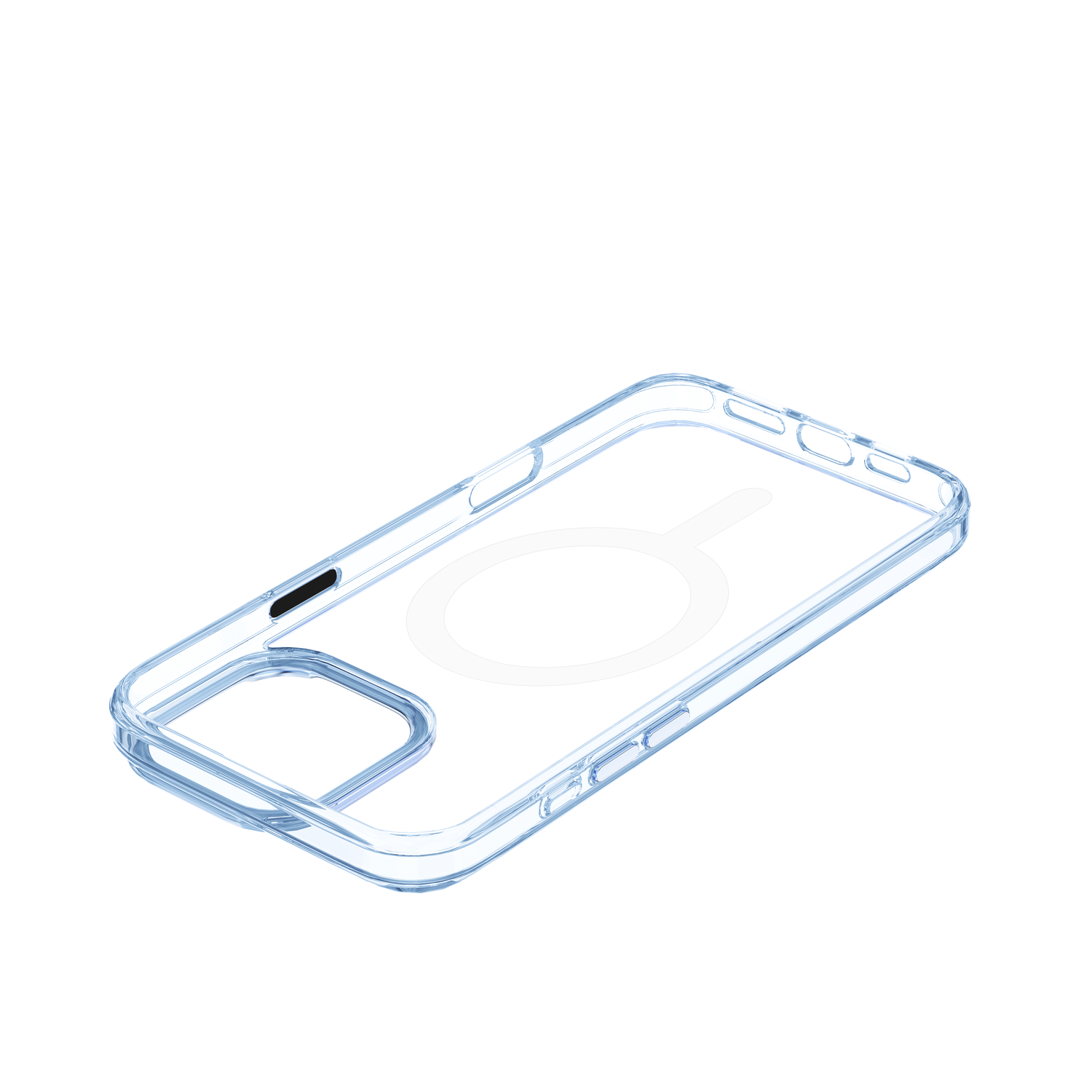 Transparante telefoonhoes met een wit cirkelvormig oplaadelement.