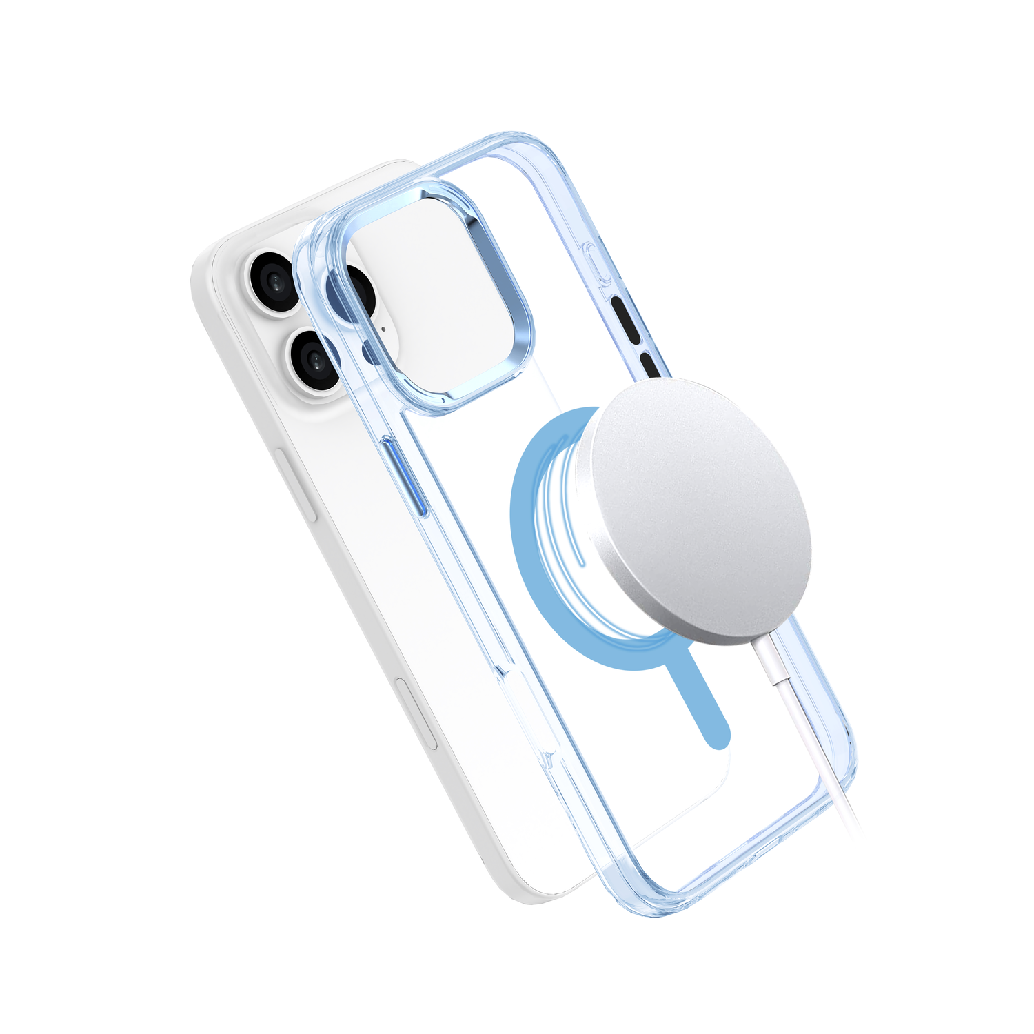 Transparante telefoonhoes met blauwe accenten, oplaadschijf en witte kabel.
