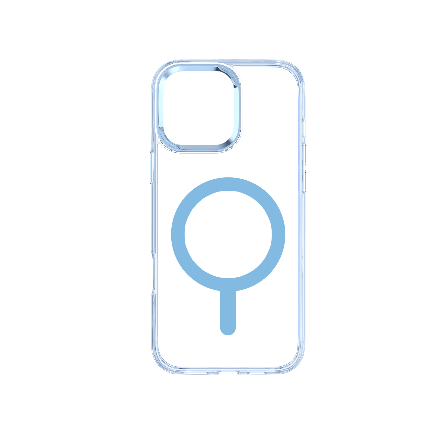 Transparante telefoonhoes met blauwe magnetische ring. Witte achtergrond.
