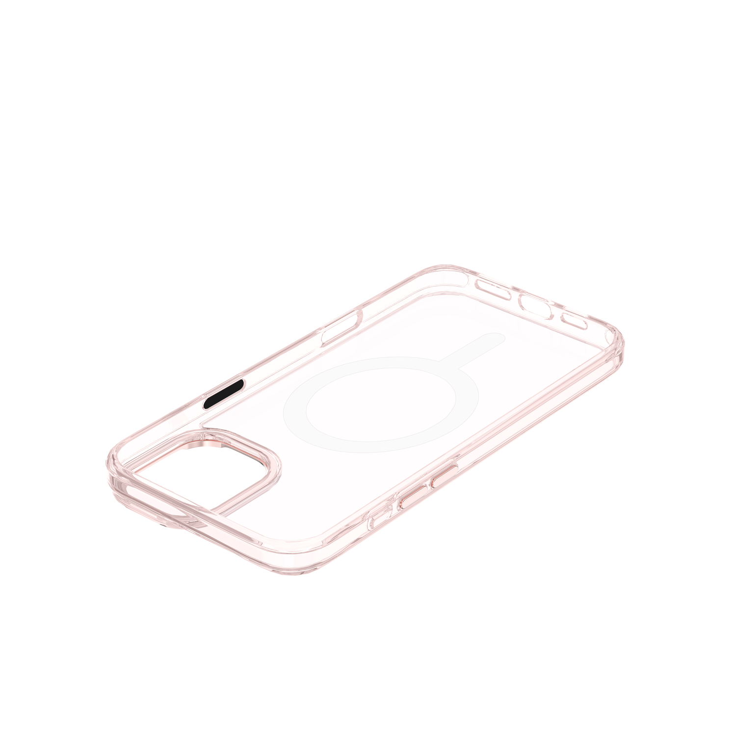 Roze telefoonhoesje, helder ontwerp, met een witte cirkelvormige MagSafe, geïsoleerd.