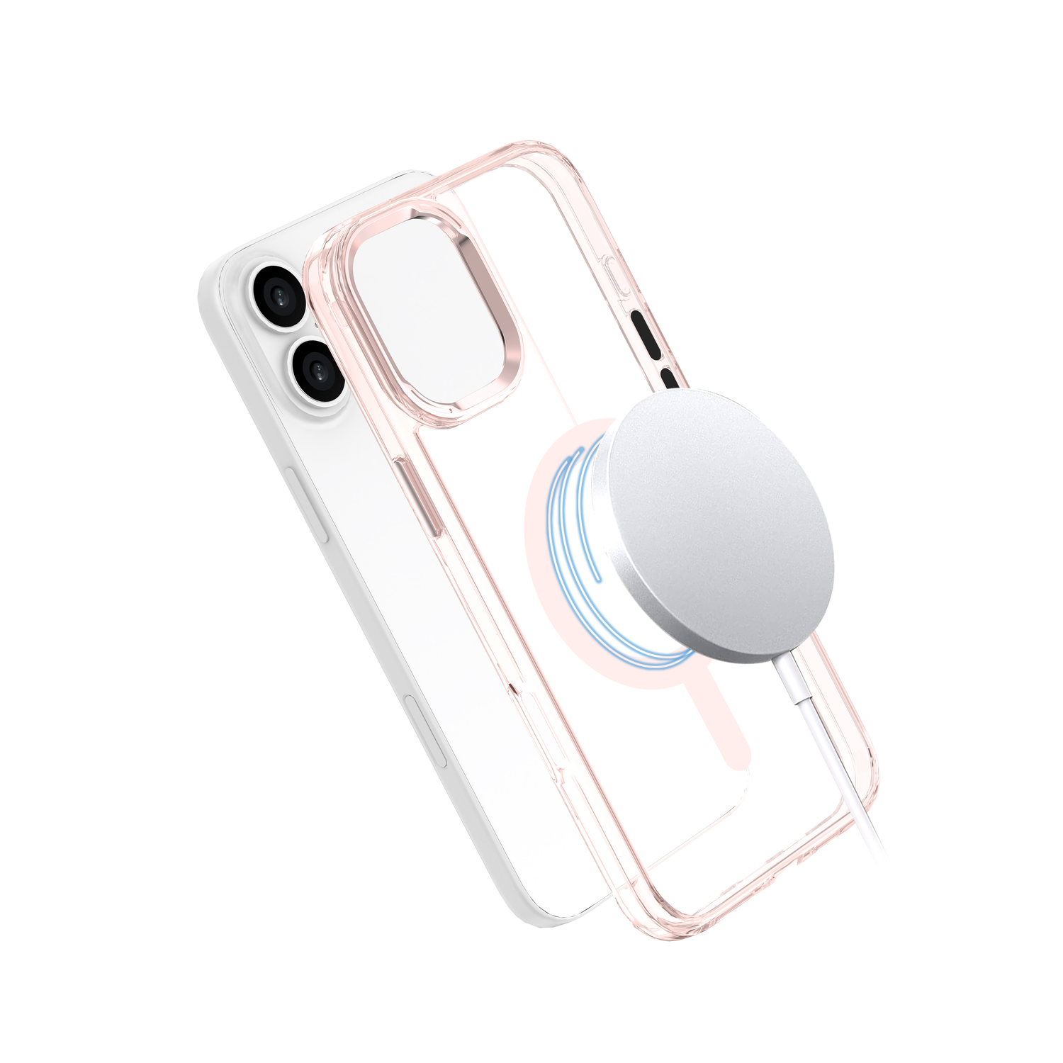 Transparante telefoonhoes met een witte oplaadcirkel, en een iPhone is zichtbaar.