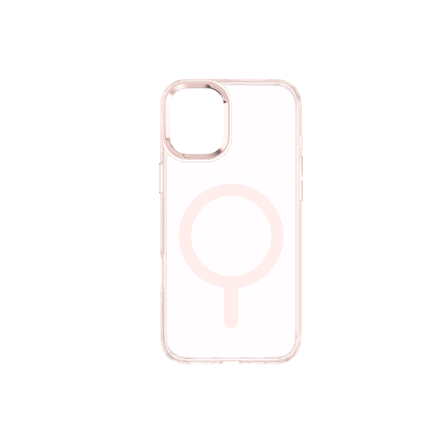 Transparante iPhone-hoes met roze MagSafe-cirkel, minimalistisch design, geïsoleerd.