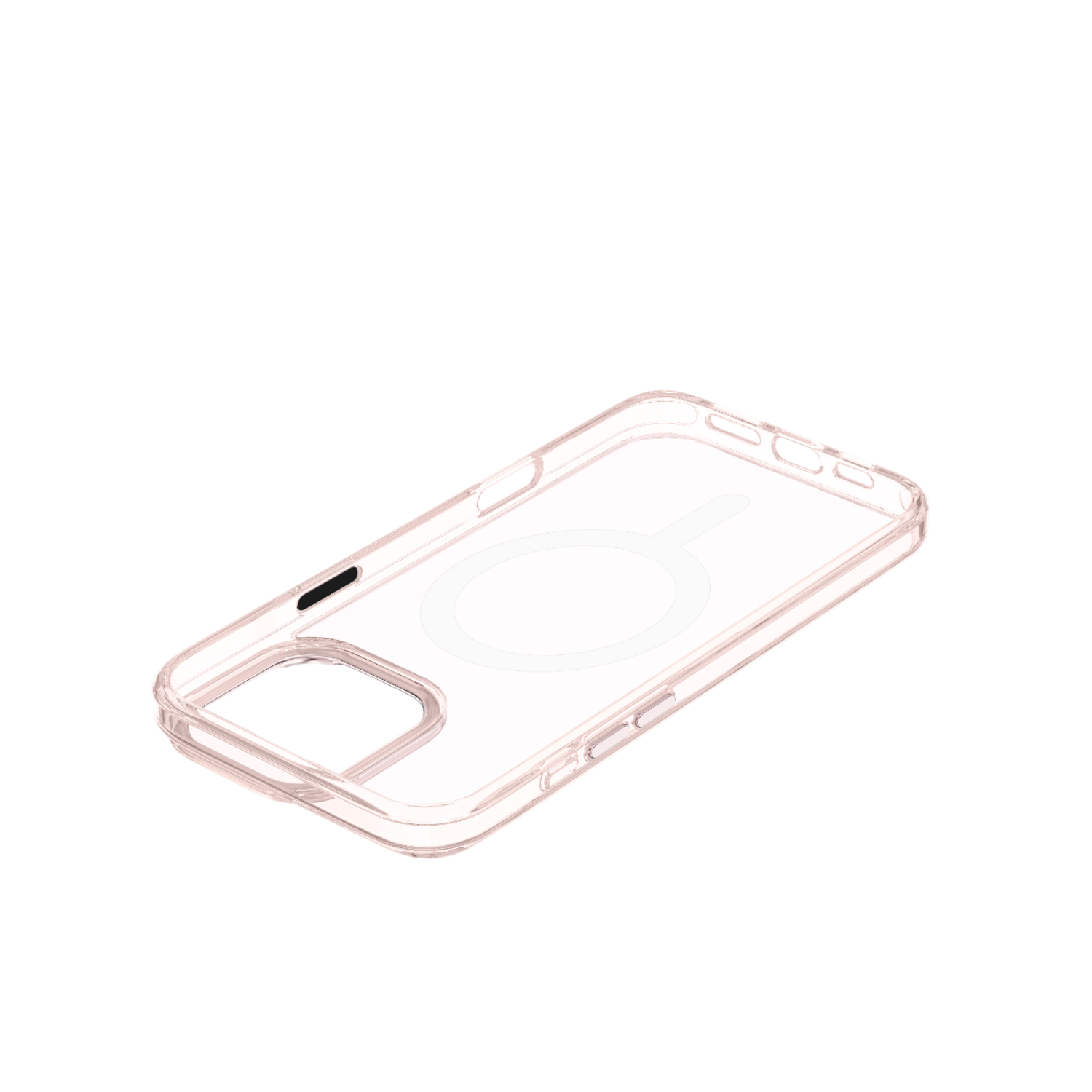 Een doorzichtige telefoonhoes met een witte cirkel erin. De hoes staat op een zwarte achtergrond.