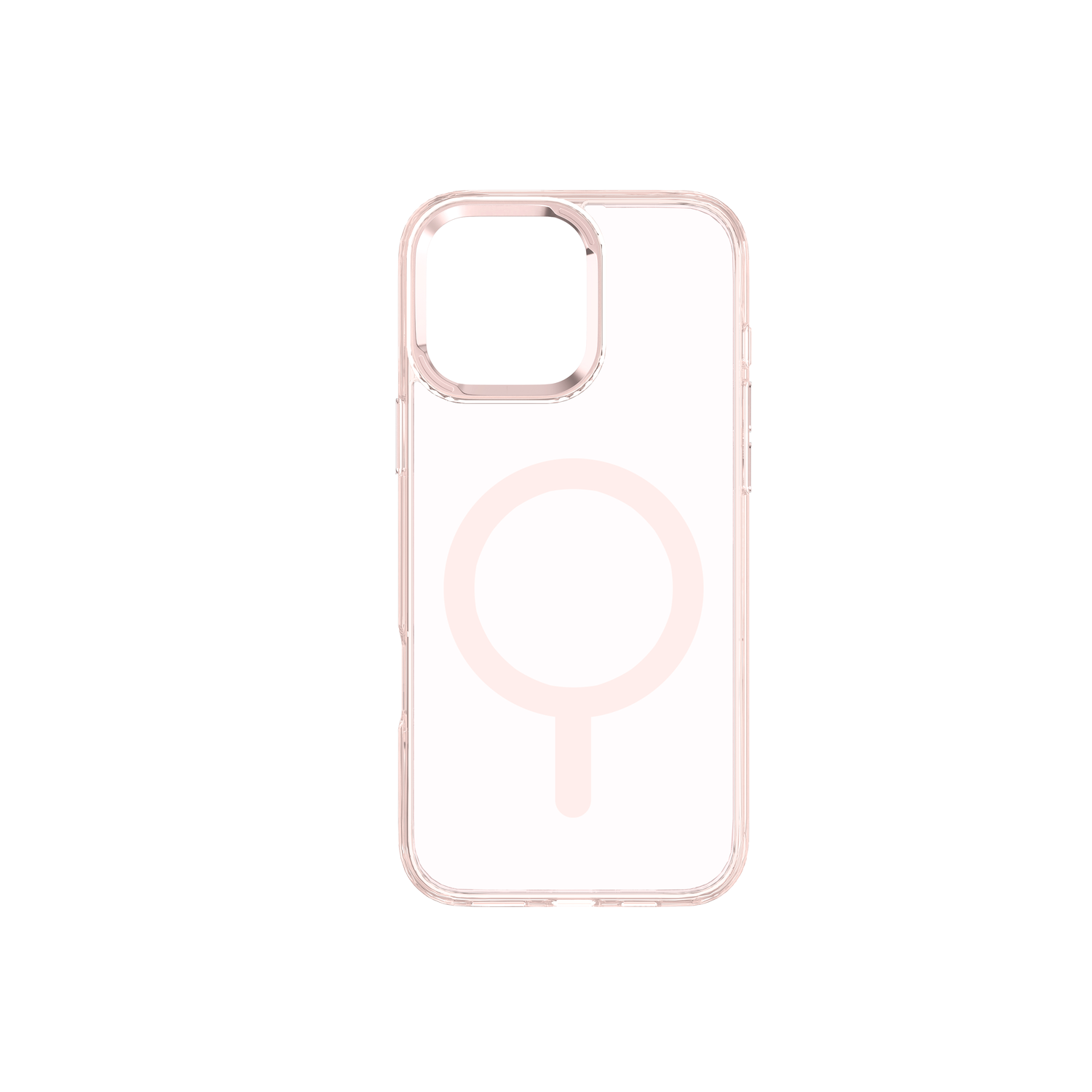 Transparante, roze iPhone-hoes met een MagSafe-cirkel. Witte achtergrond.