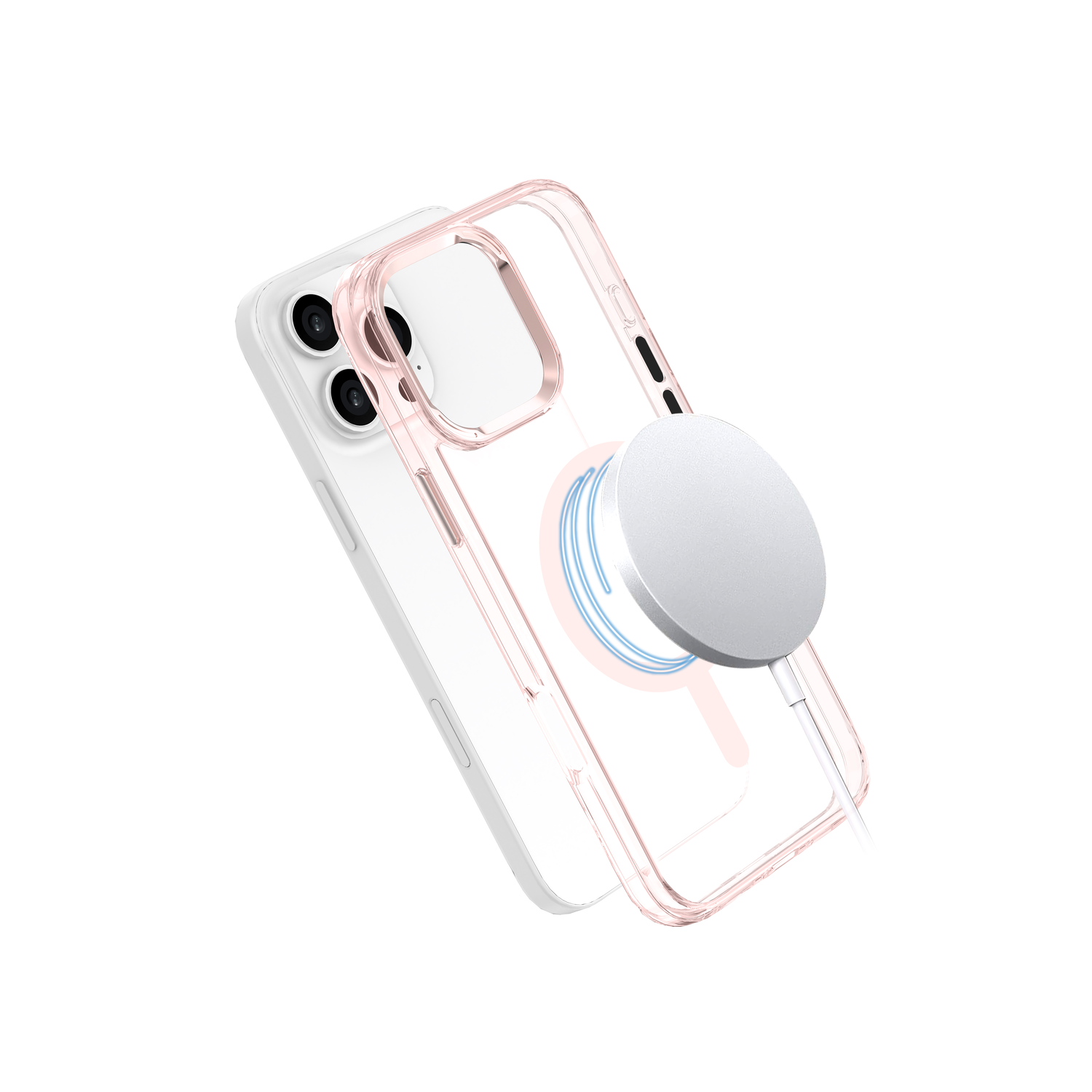 Roze transparante telefooncase met MagSafe. Witte iPhone in de case, witte oplader aangesloten.