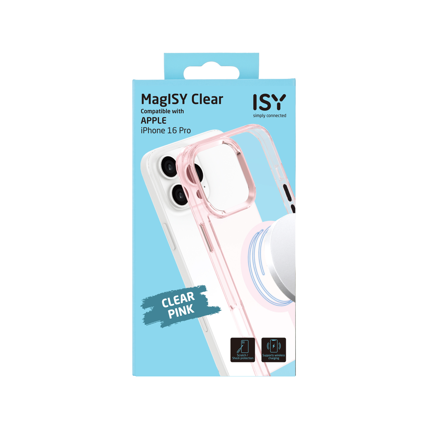 Roze iPhone 16 Pro hoesje in een doos. Op de doos staat MagISY Clear, compatibel met Apple en ISY.