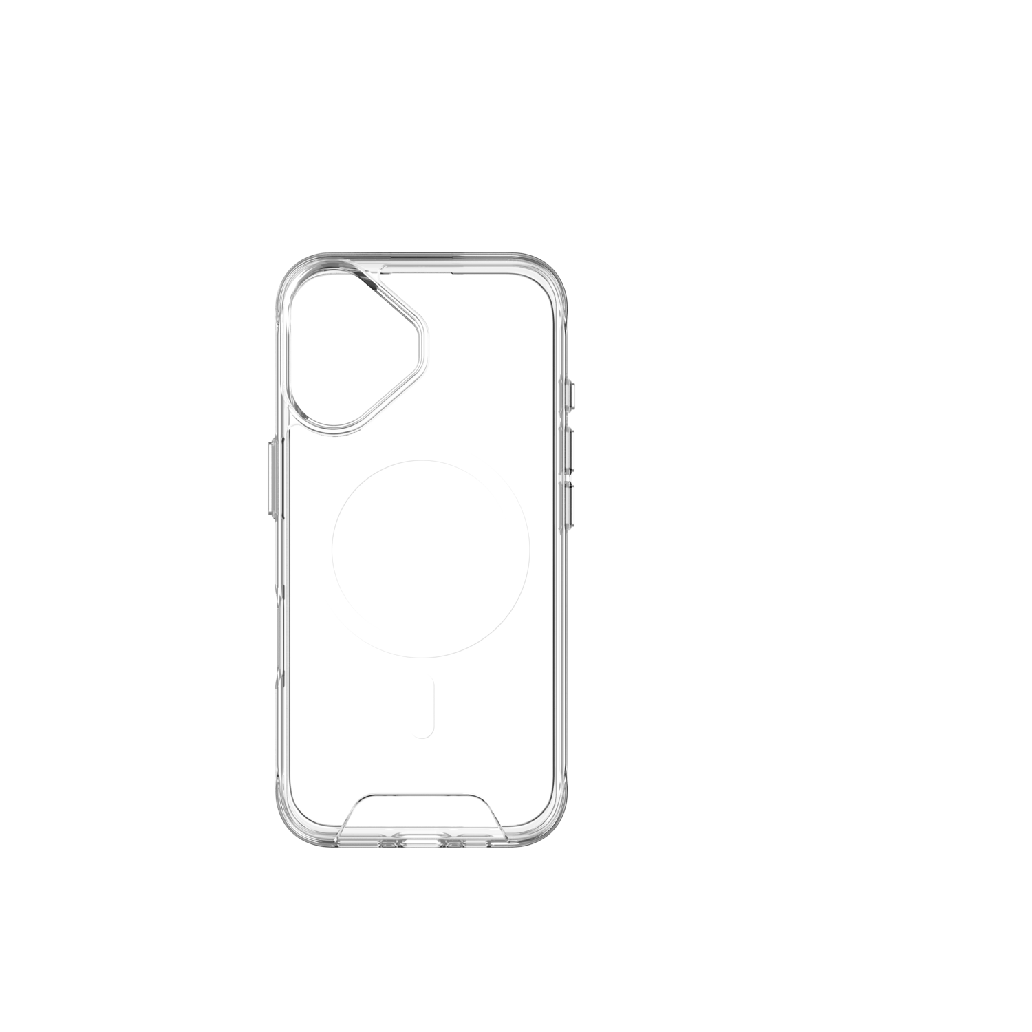 Een doorzichtige telefoonhoes met een MagSafe-cirkel en een zwarte achtergrond.
