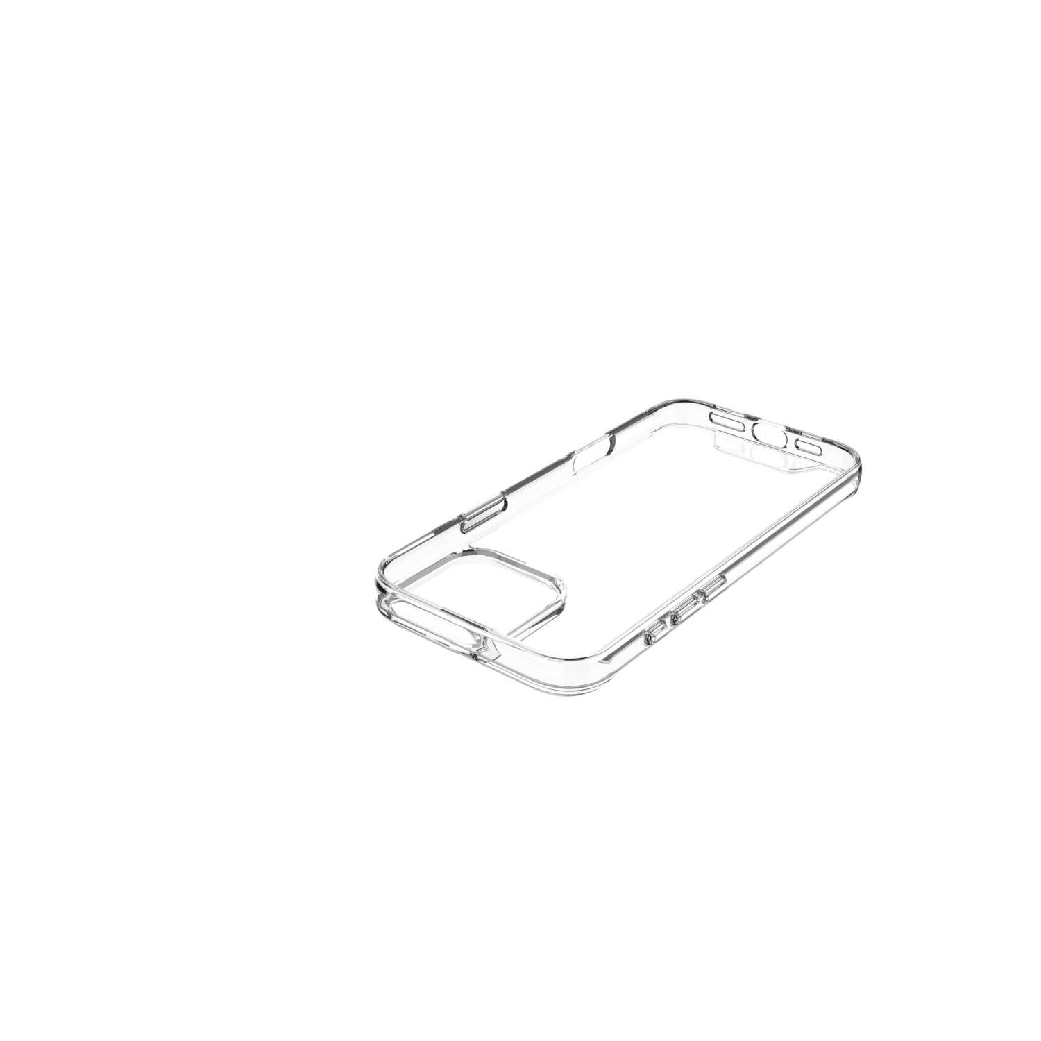 Een doorzichtige telefoonhoes met een witte oplaadcirkel op een zwarte achtergrond.