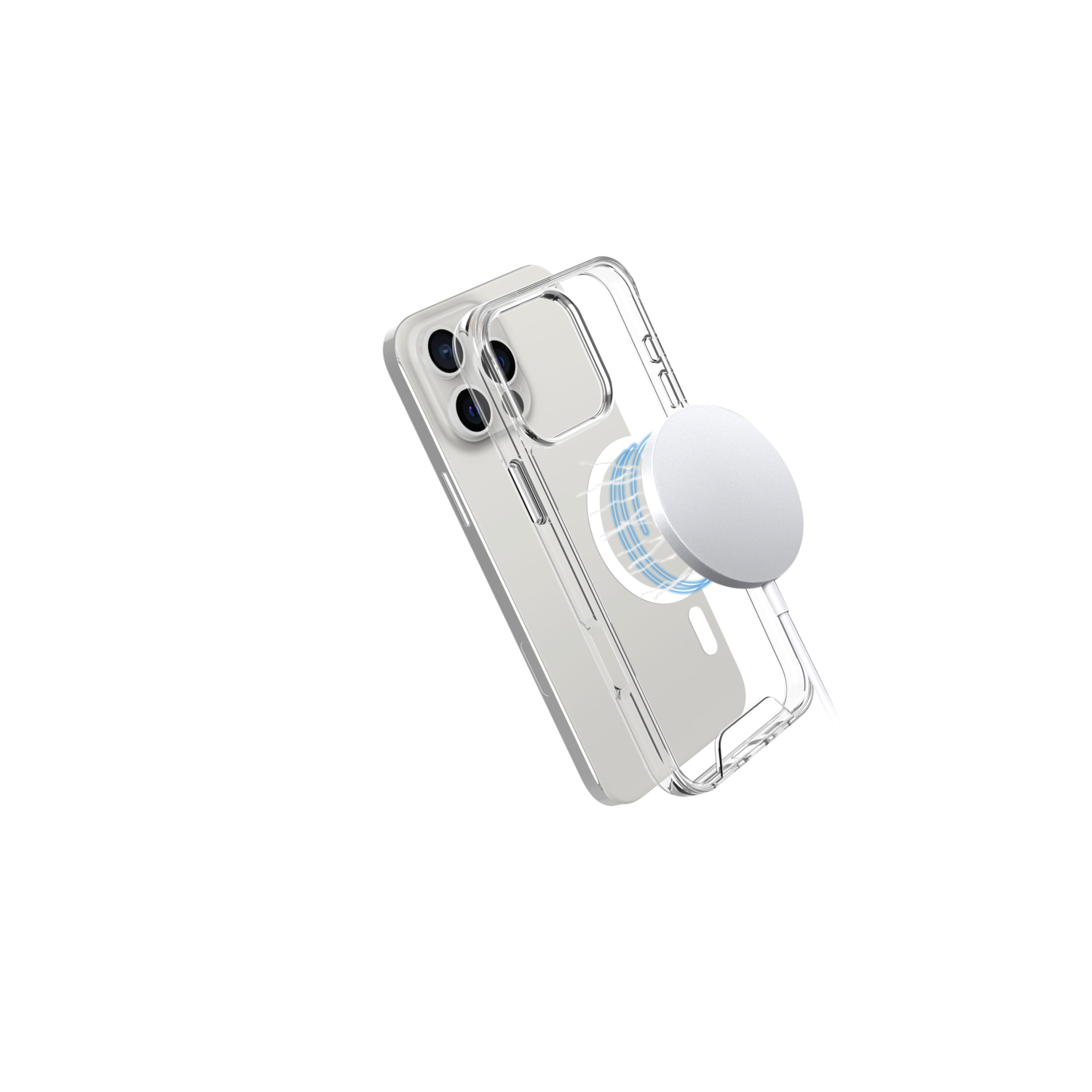 iPhone in doorzichtige hoes met een witte oplader.
