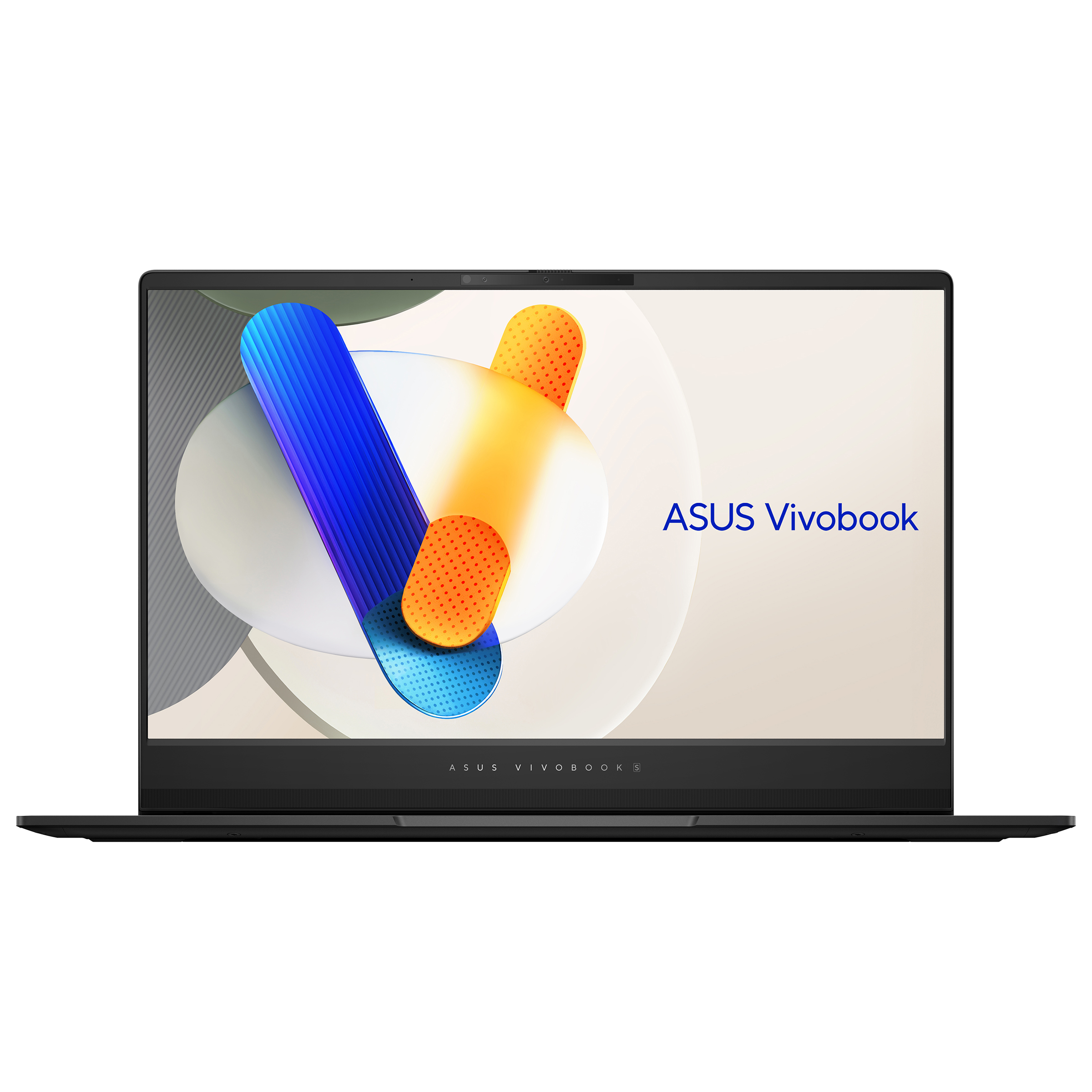 Beyaz zemin üzerinde, ekranda renkli tasarımlı siyah ASUS Vivobook dizüstü bilgisayar.