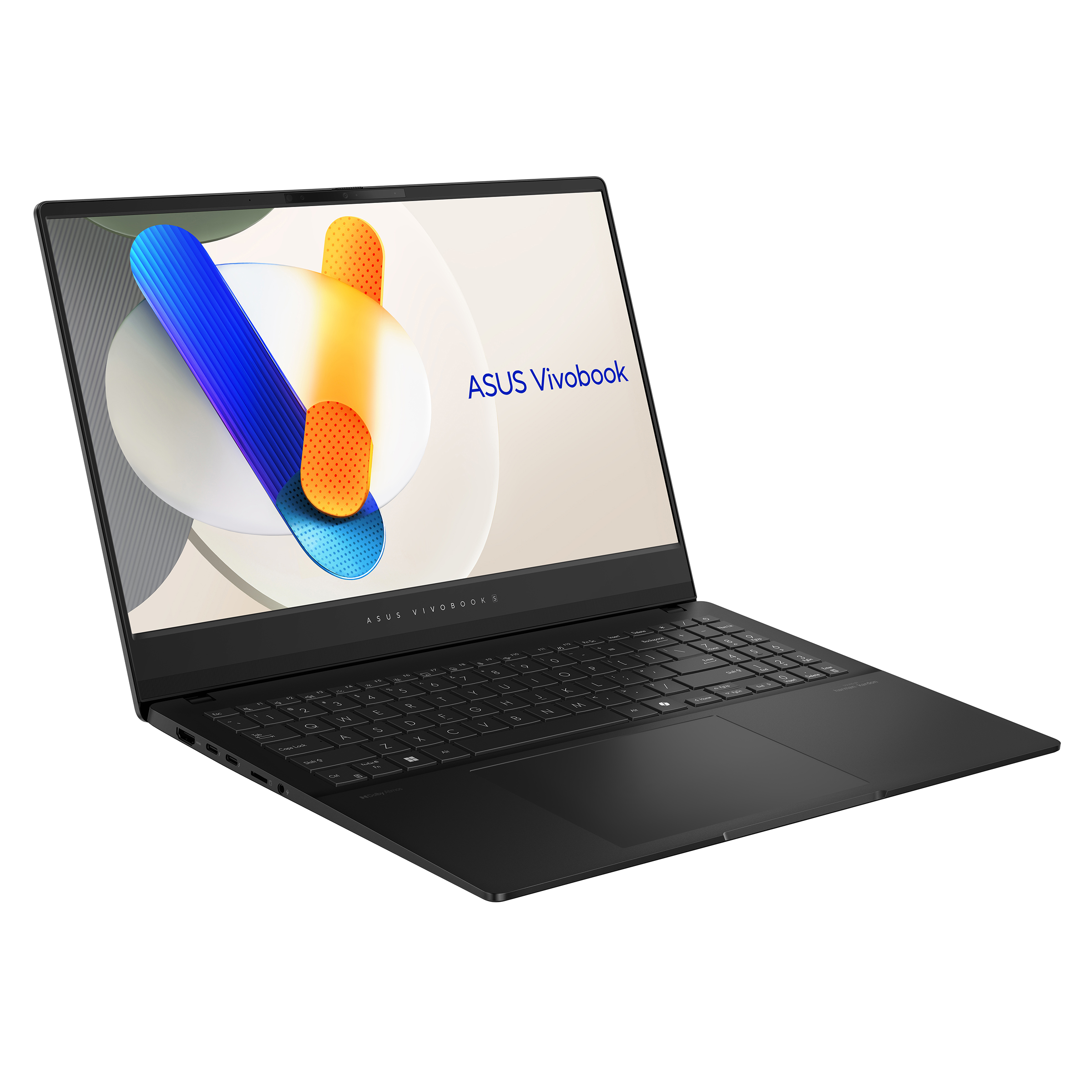 Siyah dizüstü bilgisayar, açık, beyaz bir yüzeyde. Ekranda ASUS Vivobook.