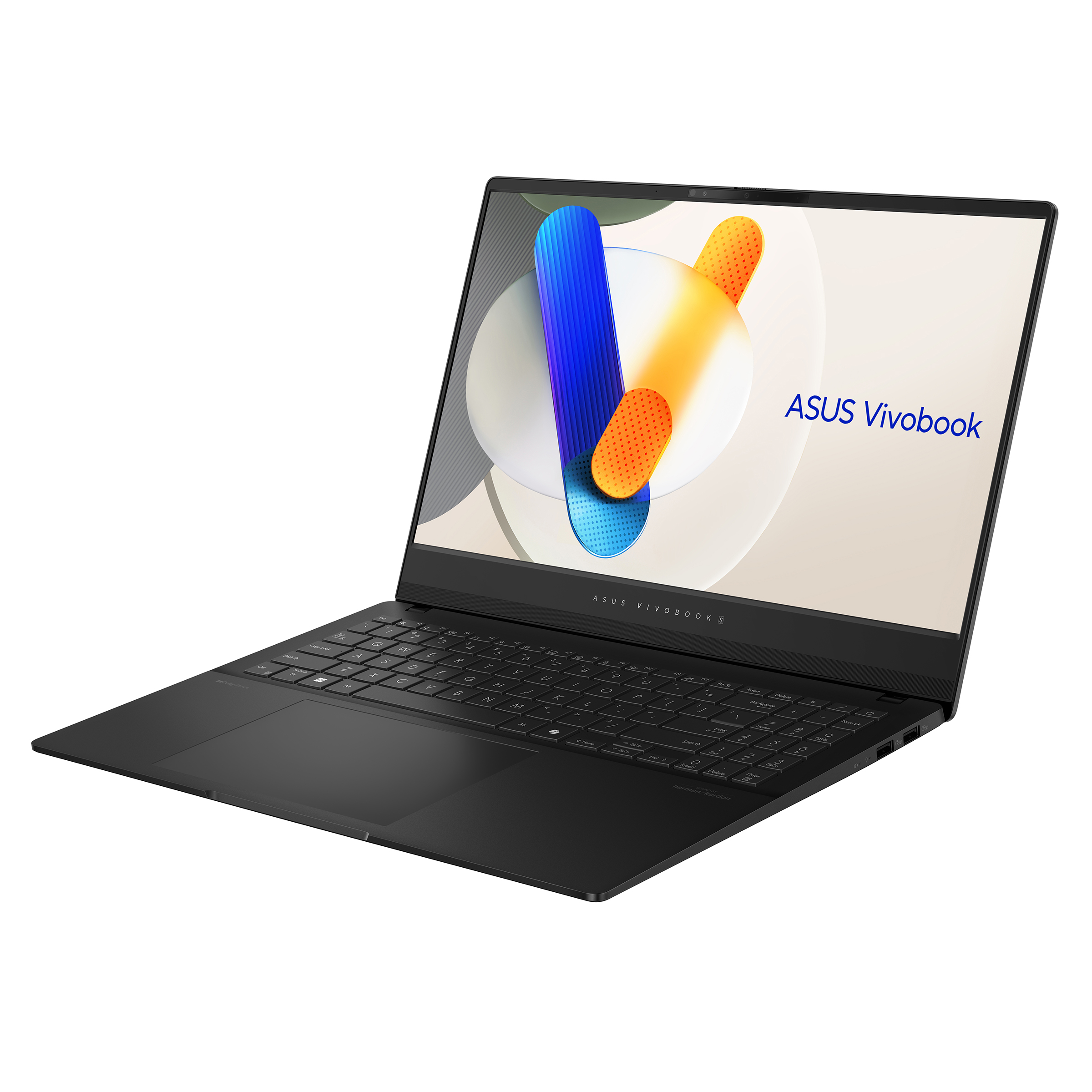 Renkli ekranı ve beyaz arka planı olan siyah bir ASUS Vivobook dizüstü bilgisayar.
