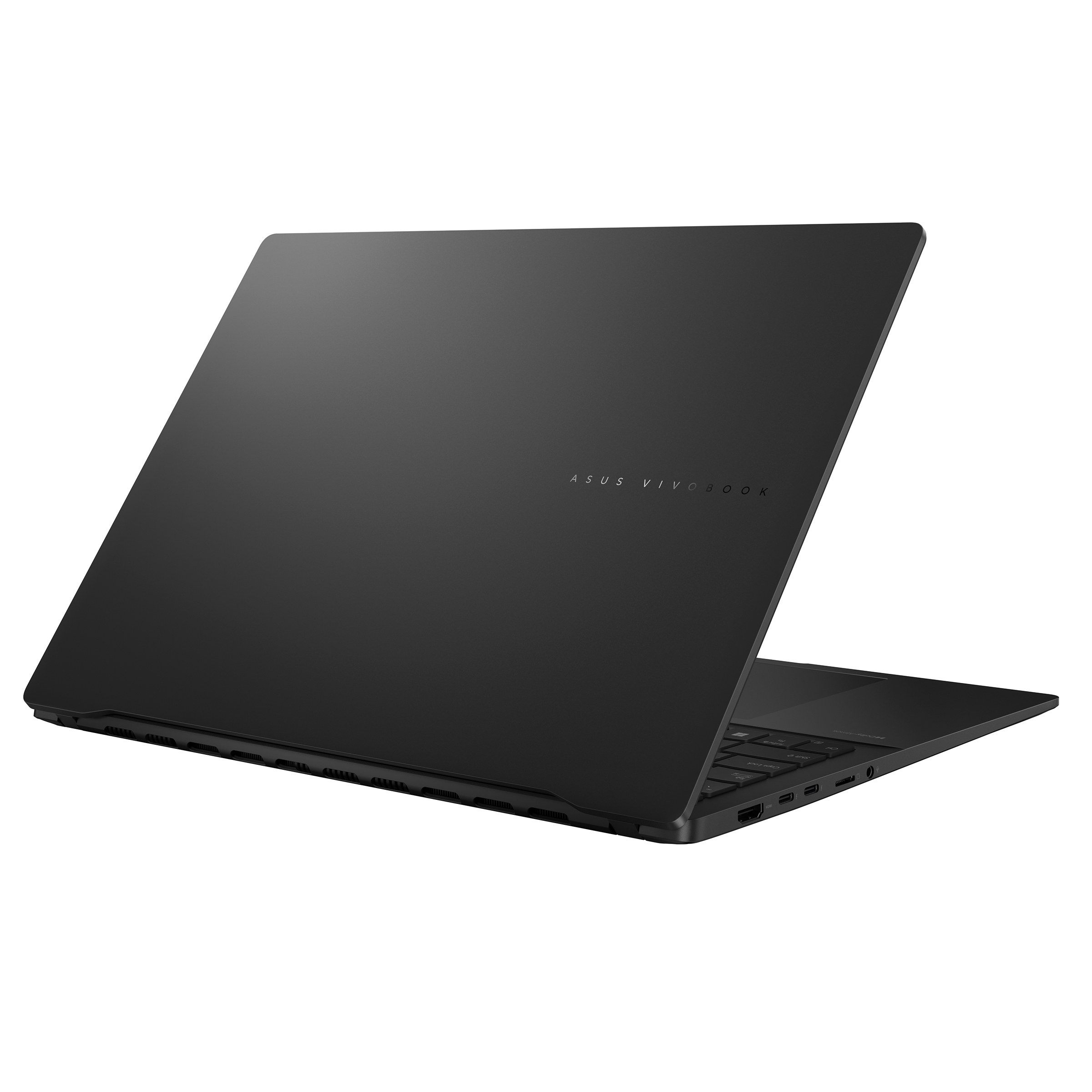 Siyah dizüstü bilgisayar, arka görünüm, açılı. ASUS Vivobook logosu görünür.