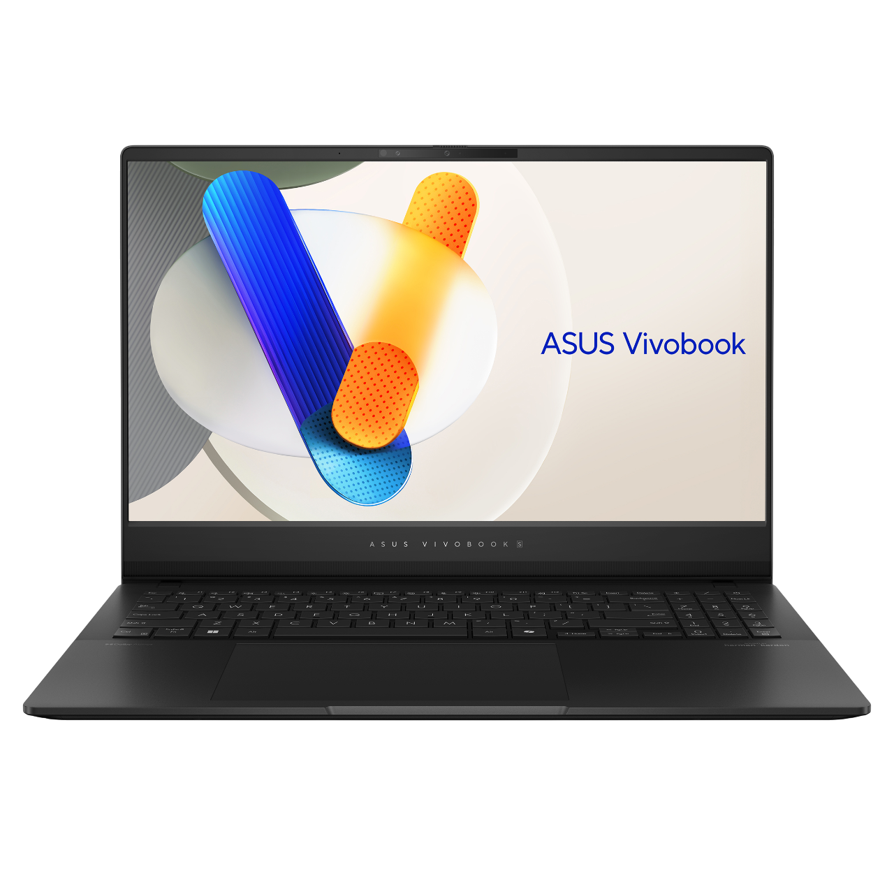 ASUS Vivobook dizüstü bilgisayar, siyah. Ekran mavi ve turuncu bir tasarım gösteriyor. Siyah zemin.