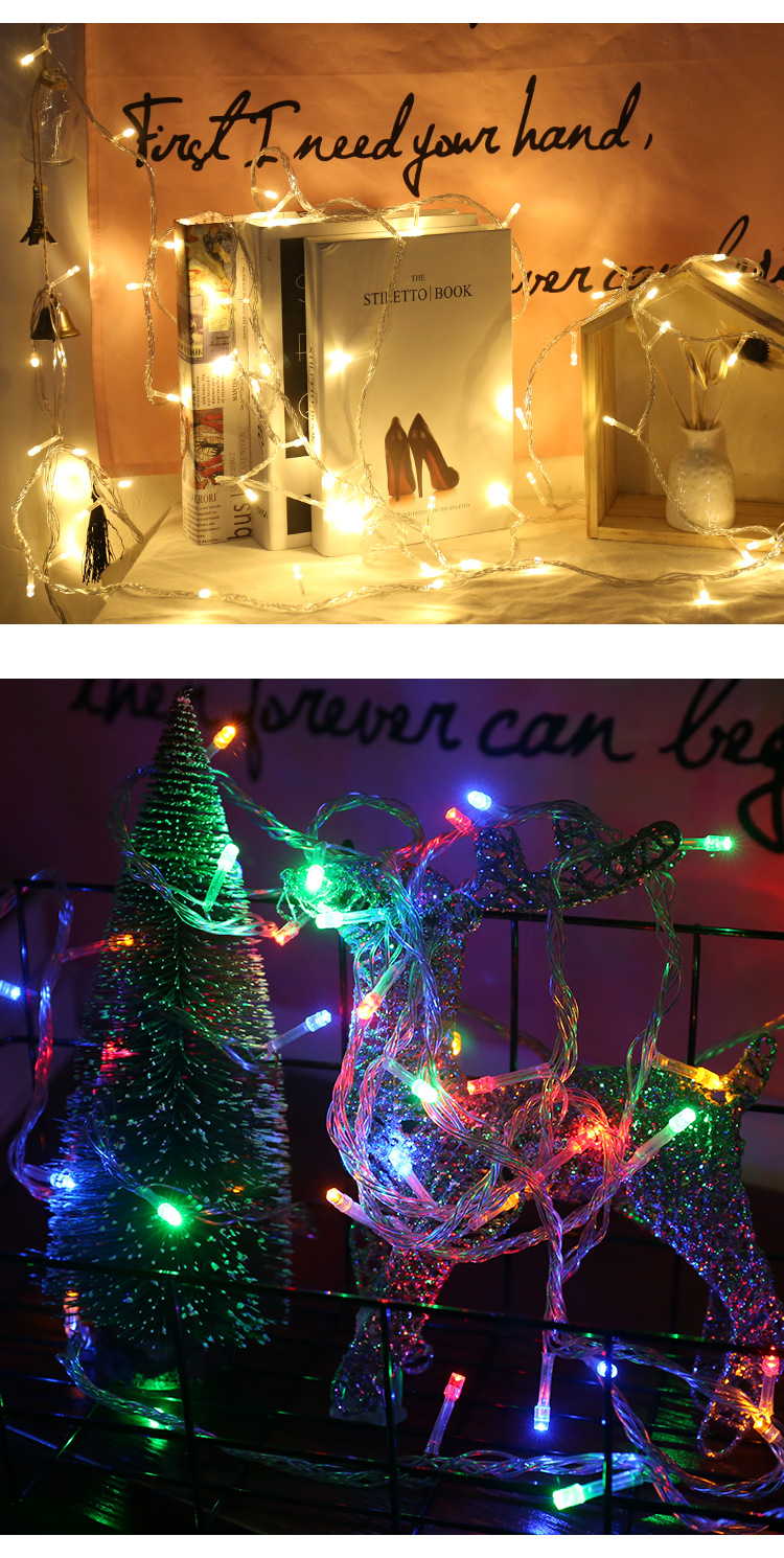 Dwie ekspozycje świateł bożonarodzeniowych. Jedna z książkami, druga z reniferem i drzewkiem.