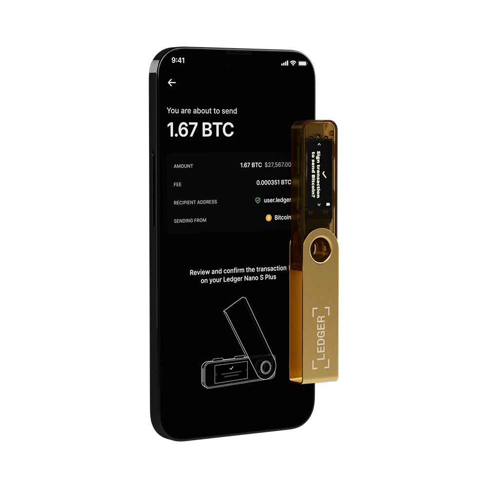 Siyah arka planda bir Ledger Nano S Plus işlemini gösteren telefon.