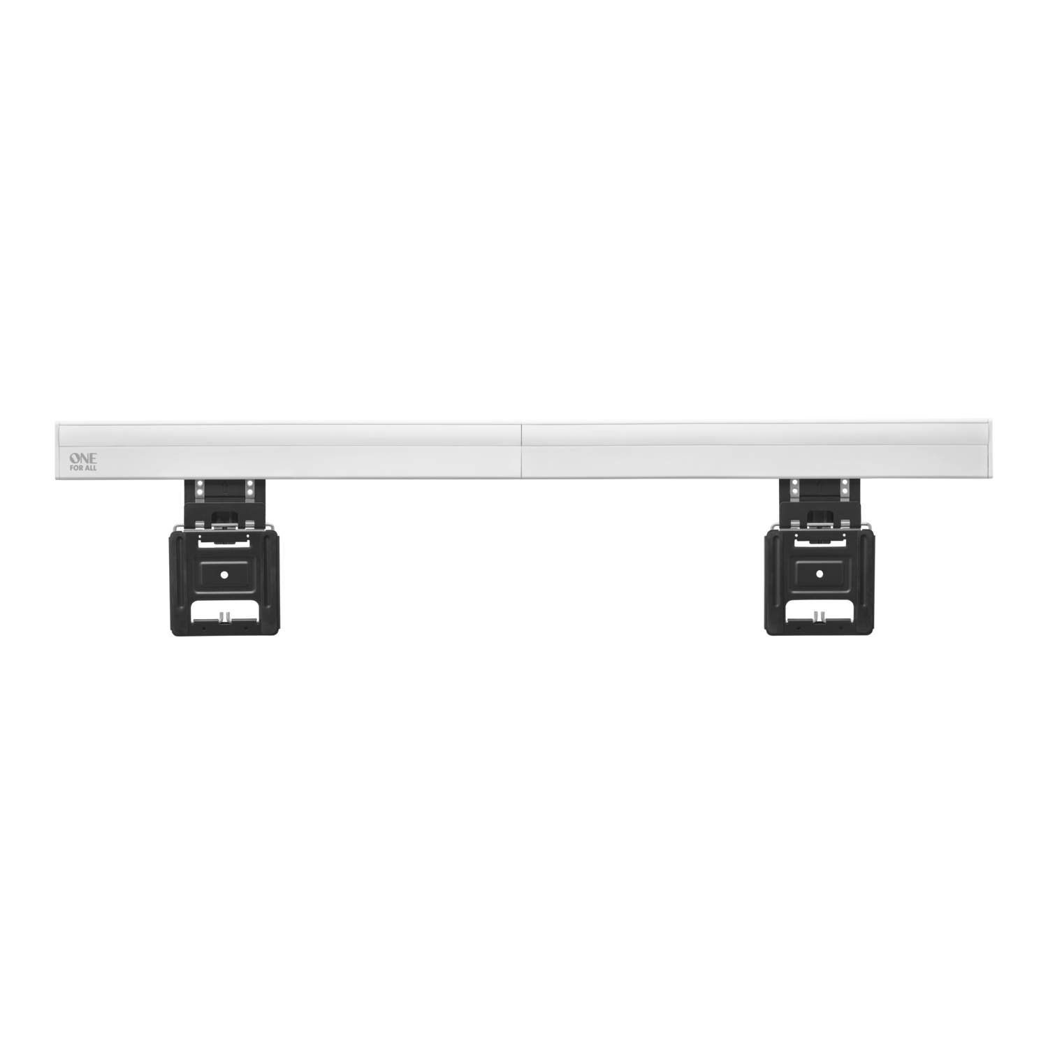 Een witte soundbar met zwarte beugels op een zwarte achtergrond.