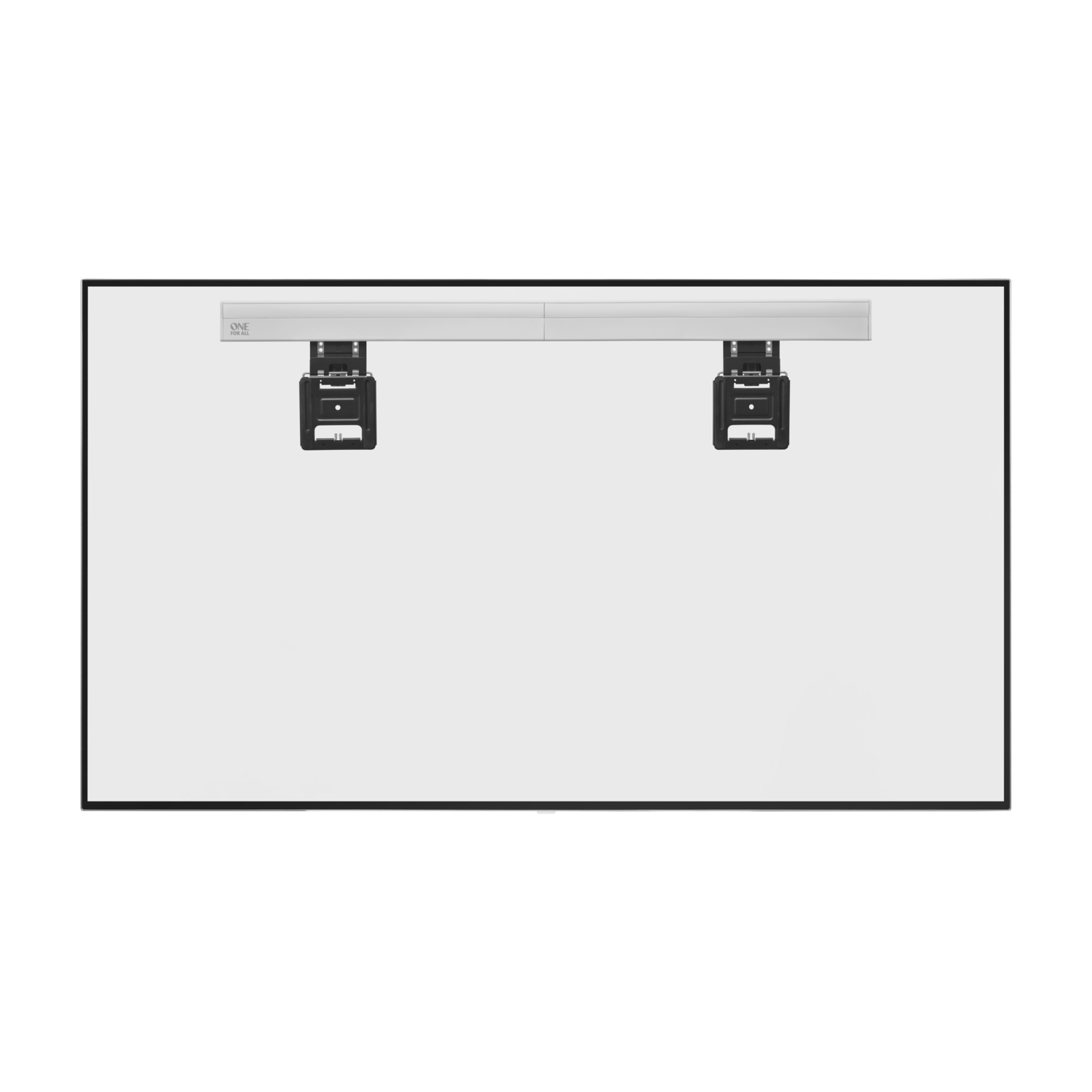 Een grote zwarte tv en een zilveren soundbar. De achtergrond is effen zwart.