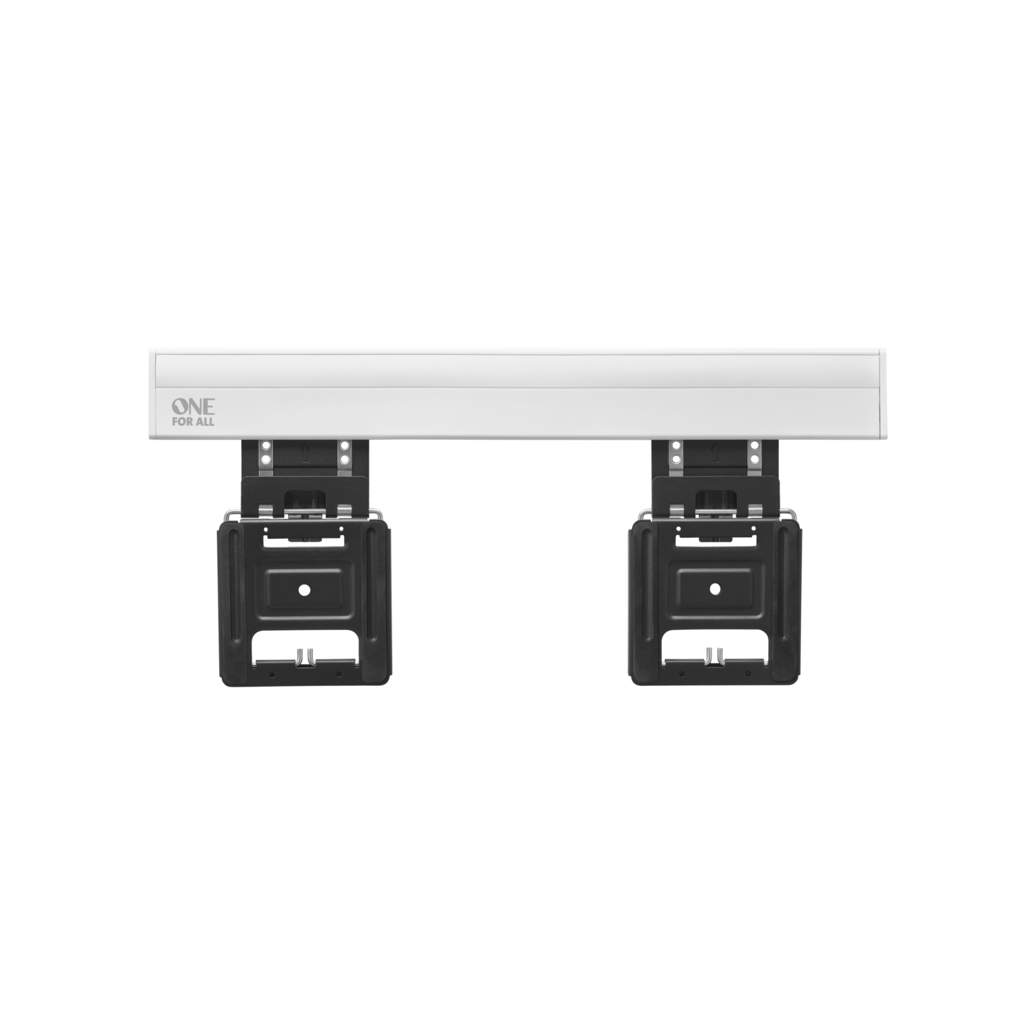 Witte soundbar met 'ONE FOR ALL'-logo en twee zwarte beugels, tegen een zwarte achtergrond.