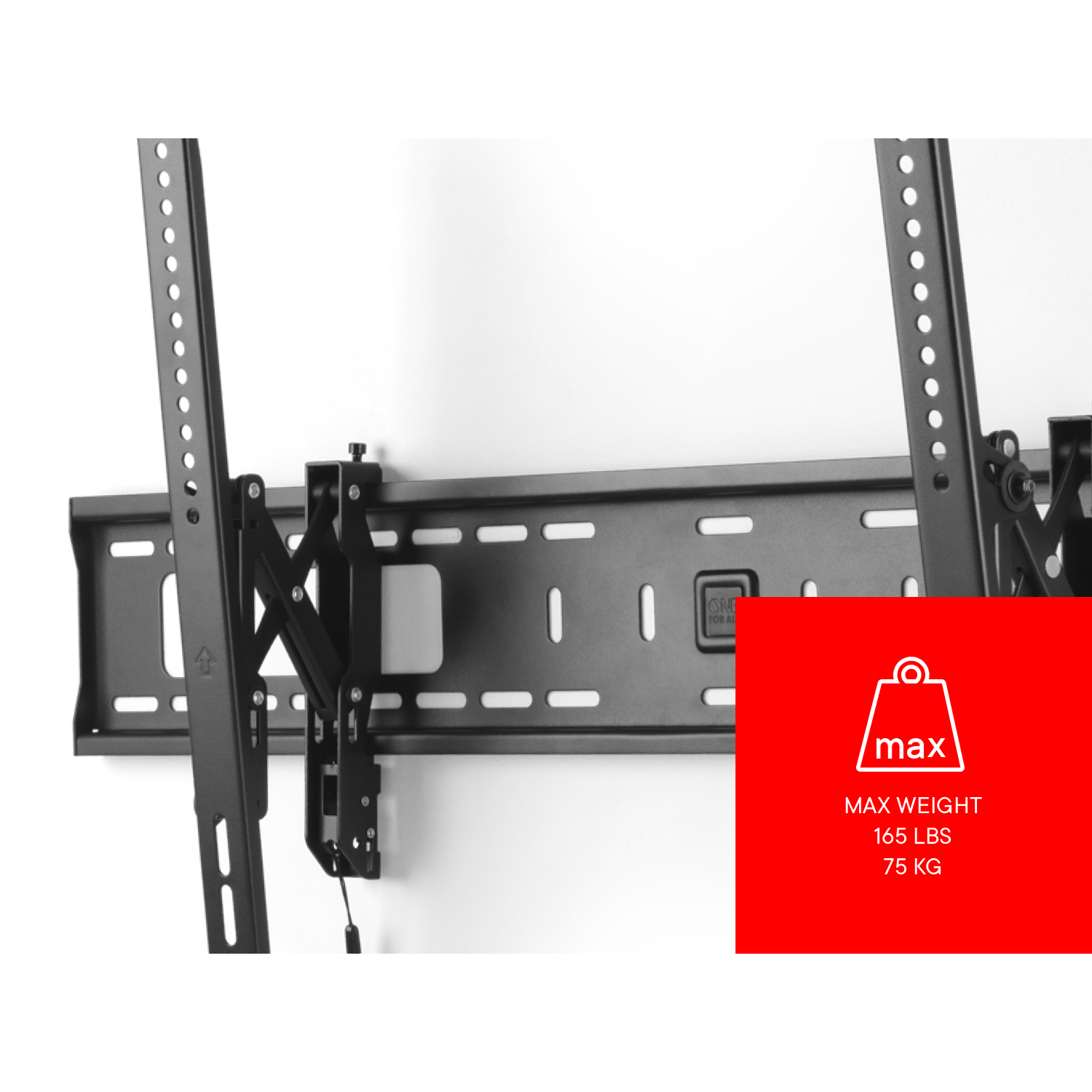 Een zwarte tv-muurbevestiging met gewichtscapaciteitinfo: Maximaal gewicht 165 lbs/75 kg. Witte achtergrond.