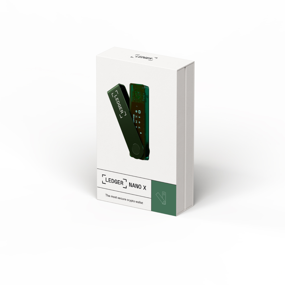 Ledger Nano X kripto cüzdan kutusu, beyaz, cihaz içinde. Yeşil cihaz.