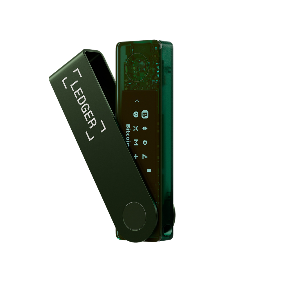 Yeşil Ledger kripto cüzdanı, açık, Bitcoin bilgilerini gösteren ekranla.
