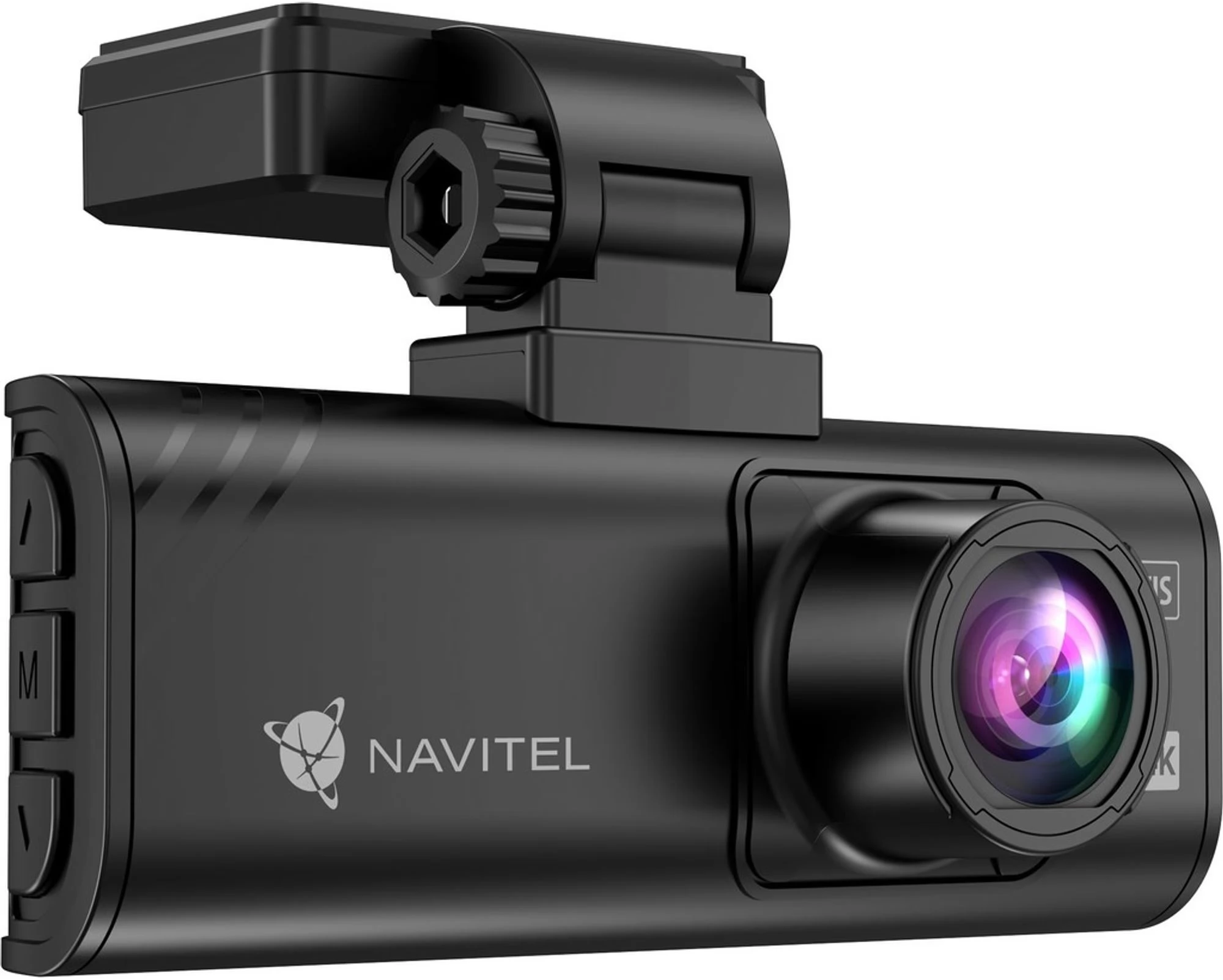 Fekete autós kamera lencsével, gombokkal és tartóval. Navitel logó látható.