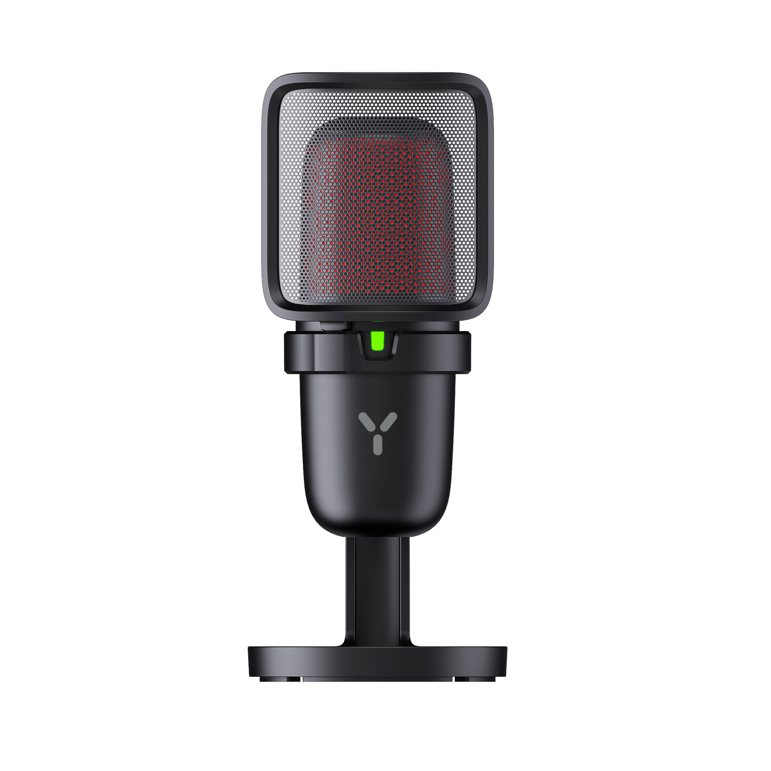 Black microphone with a red mesh, green light, and a stand on a white background.