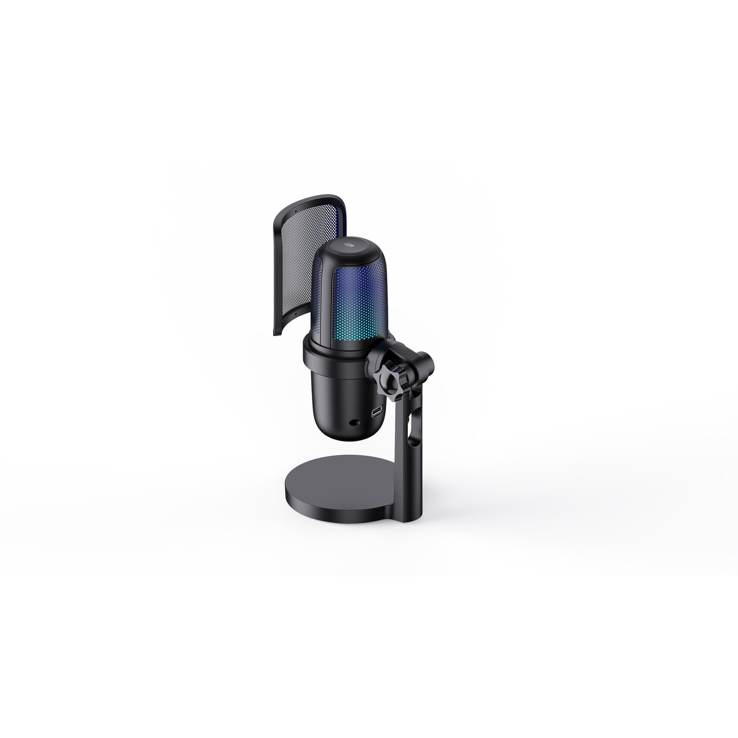 Black microphone with a pop filter on a stand. The microphone has a blue light.