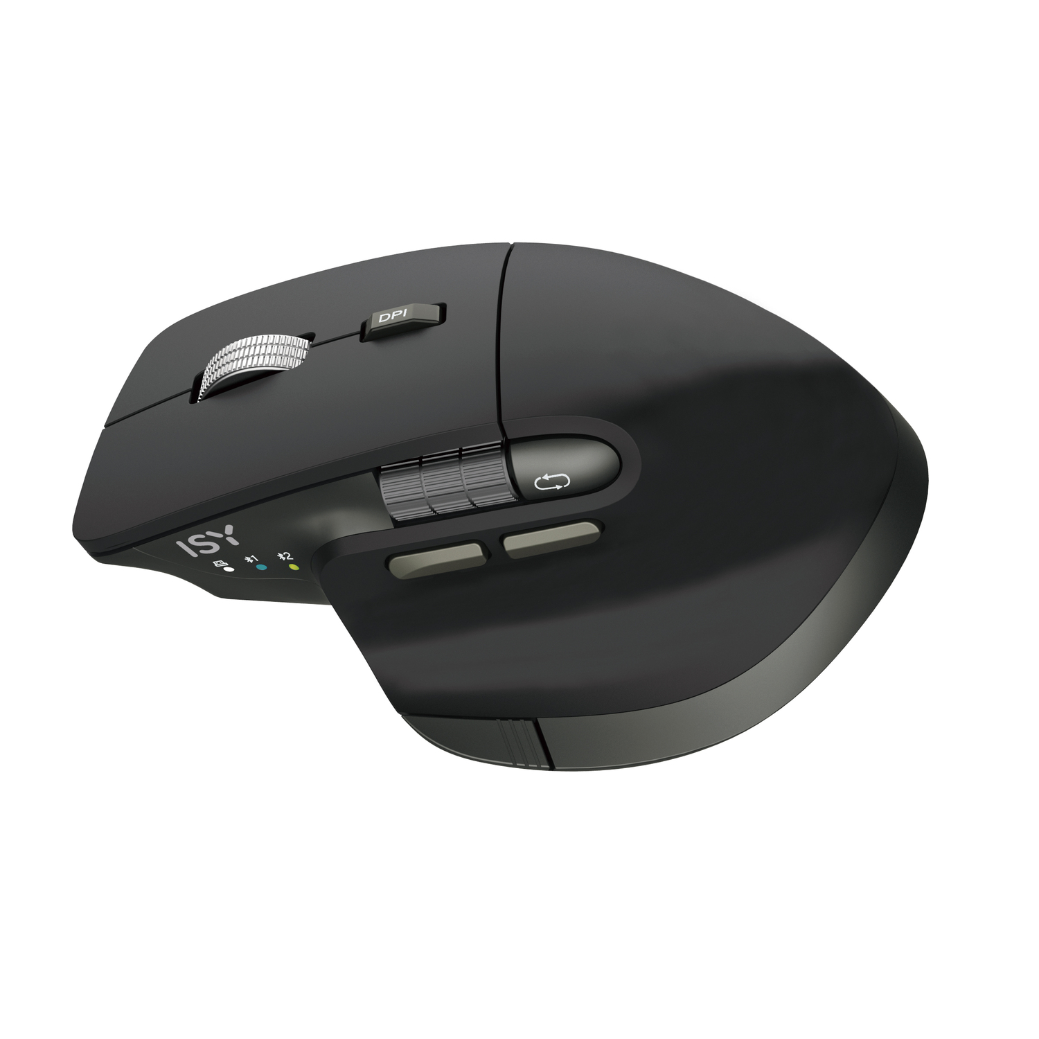 Une souris d'ordinateur ISY noire avec une molette, un bouton DPI et le logo ISY.