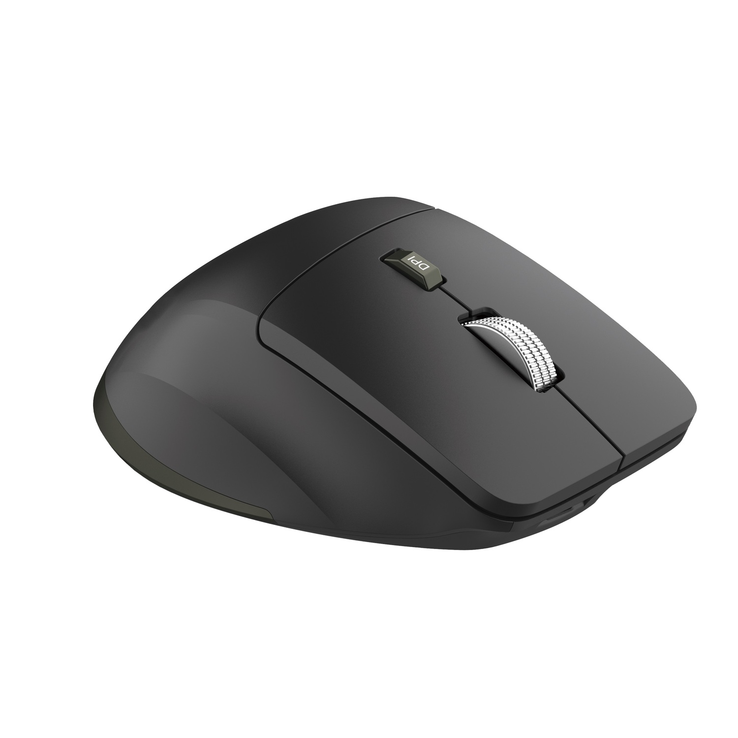 Souris ergonomique noire avec molette et bouton DPI, isolée sur fond blanc.