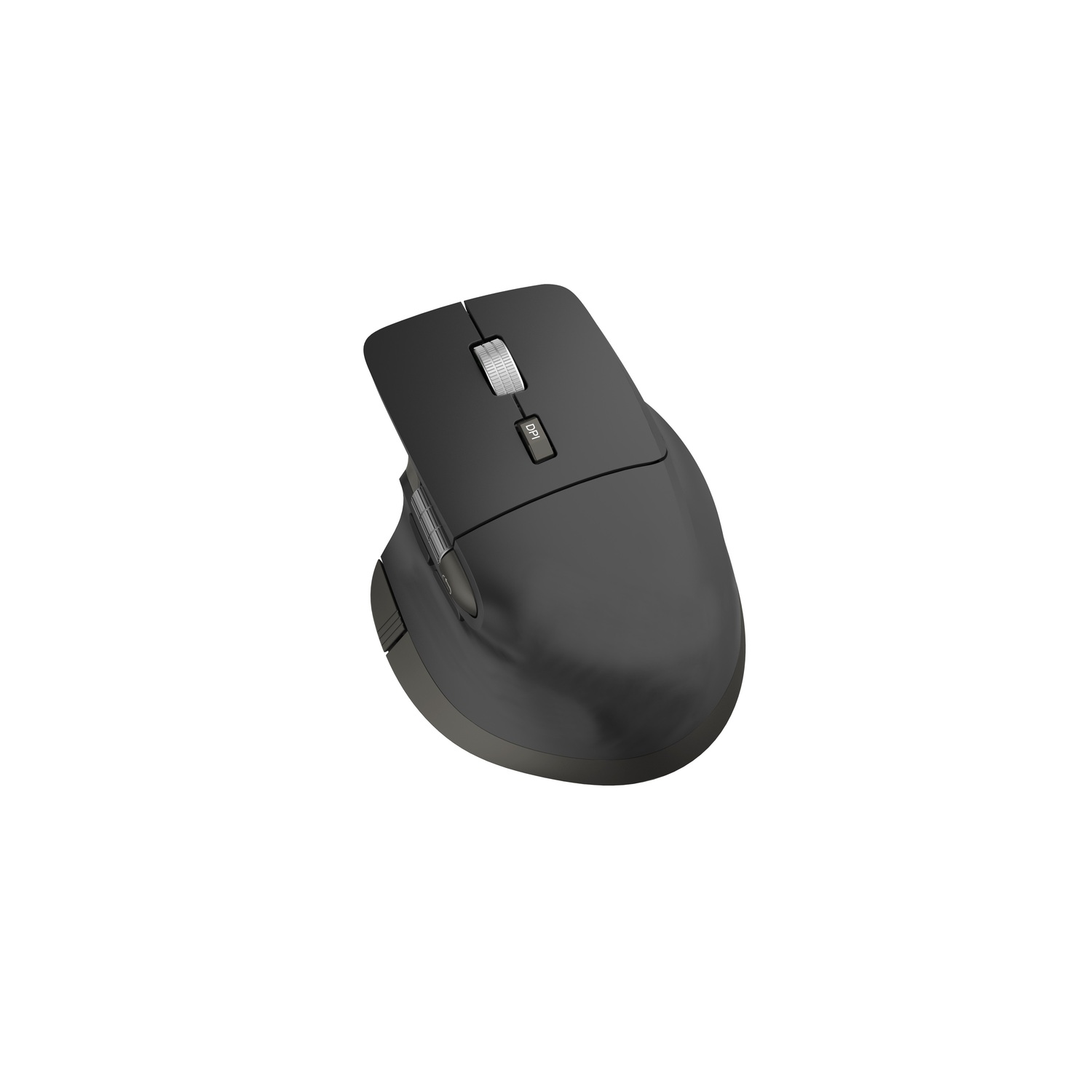 Une souris ergonomique noire avec une molette de défilement argentée et deux boutons pour le réglage des DPI.