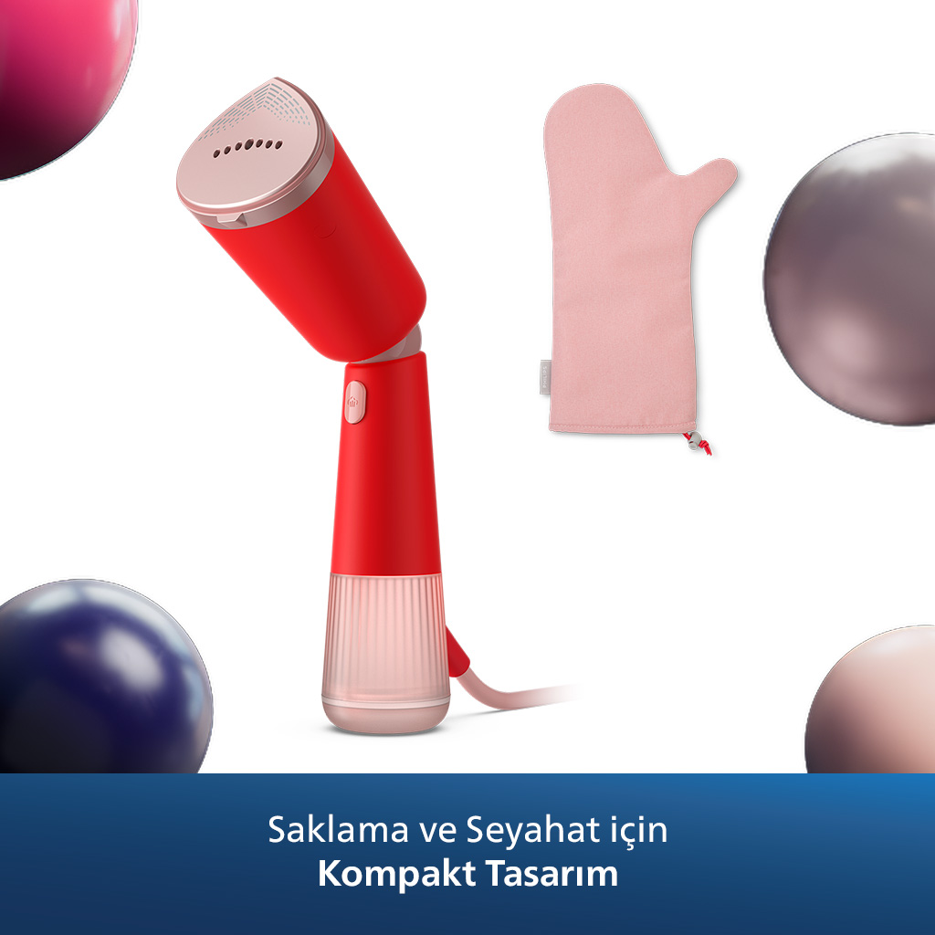 Pembe eldivenli kırmızı ve pembe buhar makinesi. Küreler çevreler. Altta metin: Seyahat için kompakt tasarım.