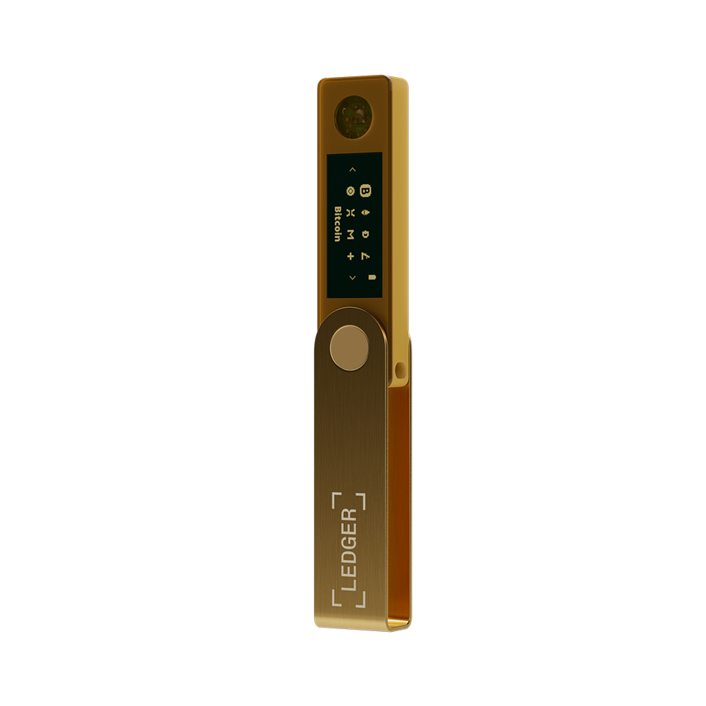 Altın Ledger donanım cüzdanı, bilgi gösteren küçük bir ekranla.