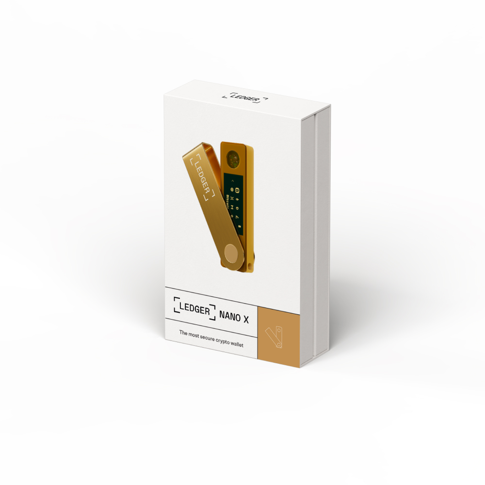 Beyaz kutusunda bir Ledger Nano X kripto para donanım cüzdanı. Cüzdan altın rengindedir.
